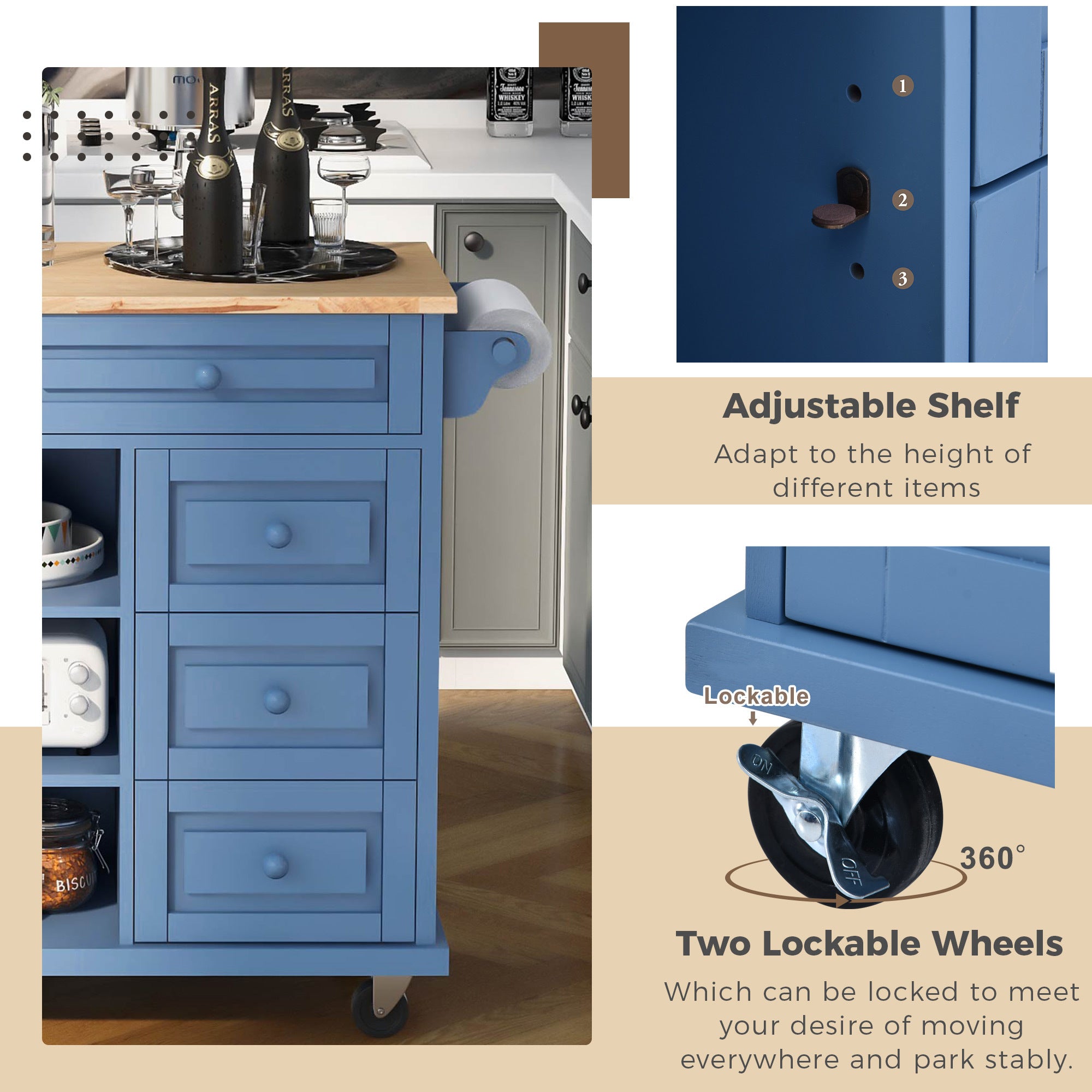 Kitchen cart with Rubber wood desktop rolling mobile kitchen island with storage and 5 draws 53 Inch length, Blue