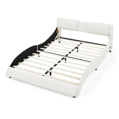 Queen Bed Frame Modern Faux Leather Upholstered Platform Bed Frame with and Headboard Wave Like Curve Low Profile Bed Frame,Wood Slats Support,Easy Assembly,White