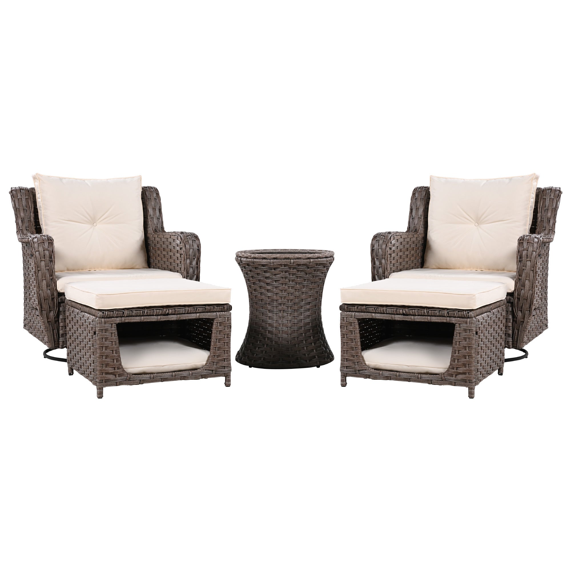 K&K 5 Pieces Outdoor Patio Furniture Set with Pet House Cool Bar and Retractable Side Tray, Rattan Wicker Patio Swivel Rocking Chairs Set of 2 with Ottomans for Backyard, Porch, Balcony, Beige