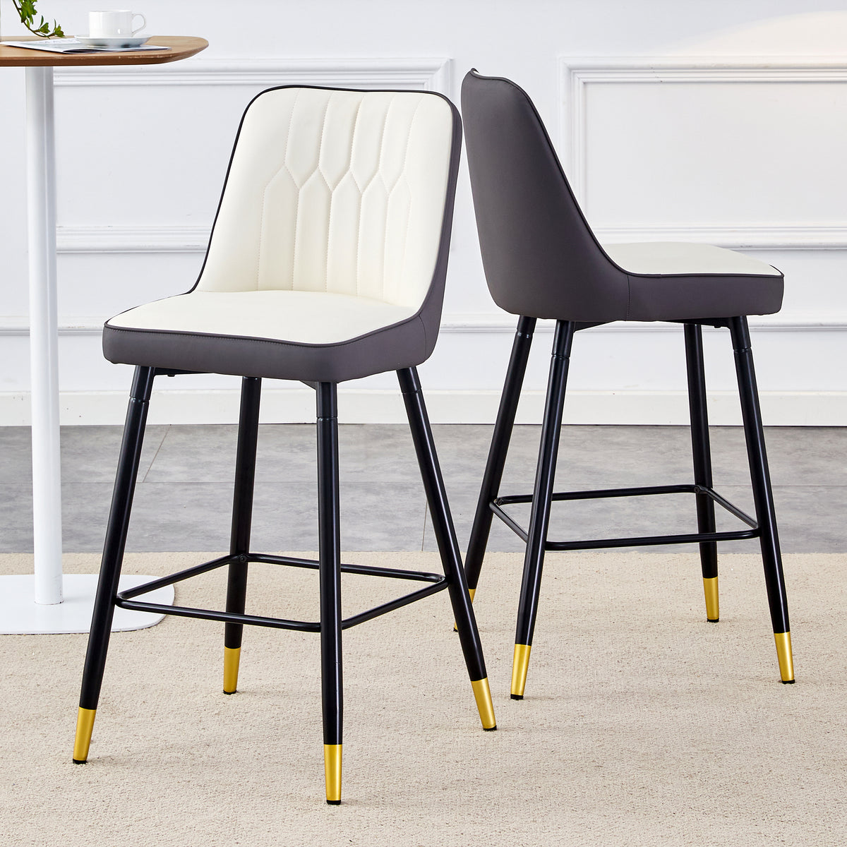 Modern Two-Tone PU Bar Stool Set of 2 - White and Dark Gray Spliced Design with Gold Decorated Legs