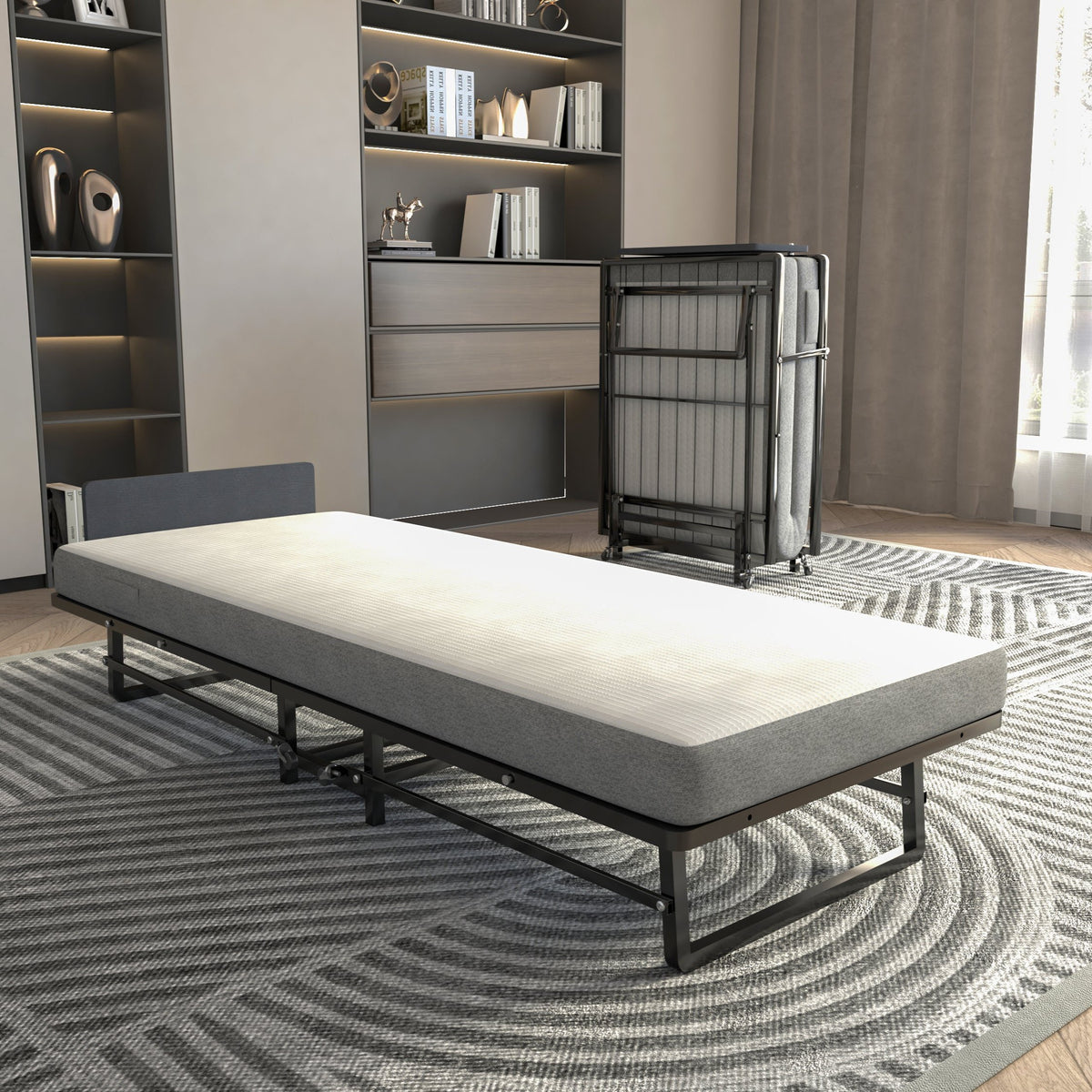 Metal Folding Bed Frame with Foam Mattress of Pockets, Easy Storage and Movable with 4 Castors