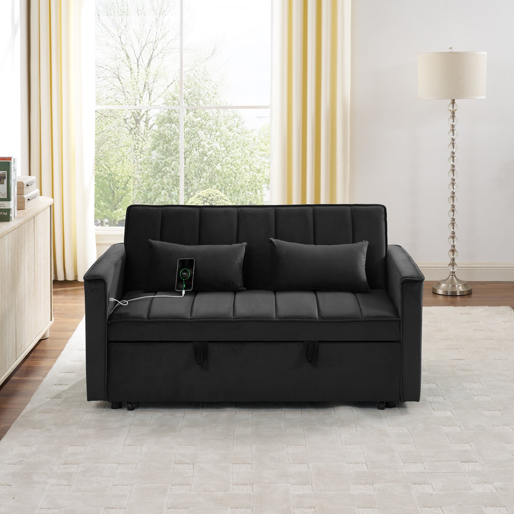 54.33" Modern Foldable Velvet Sofa Bed, Adjustable Back, Pull-Out Design, 3 Length Options, Black