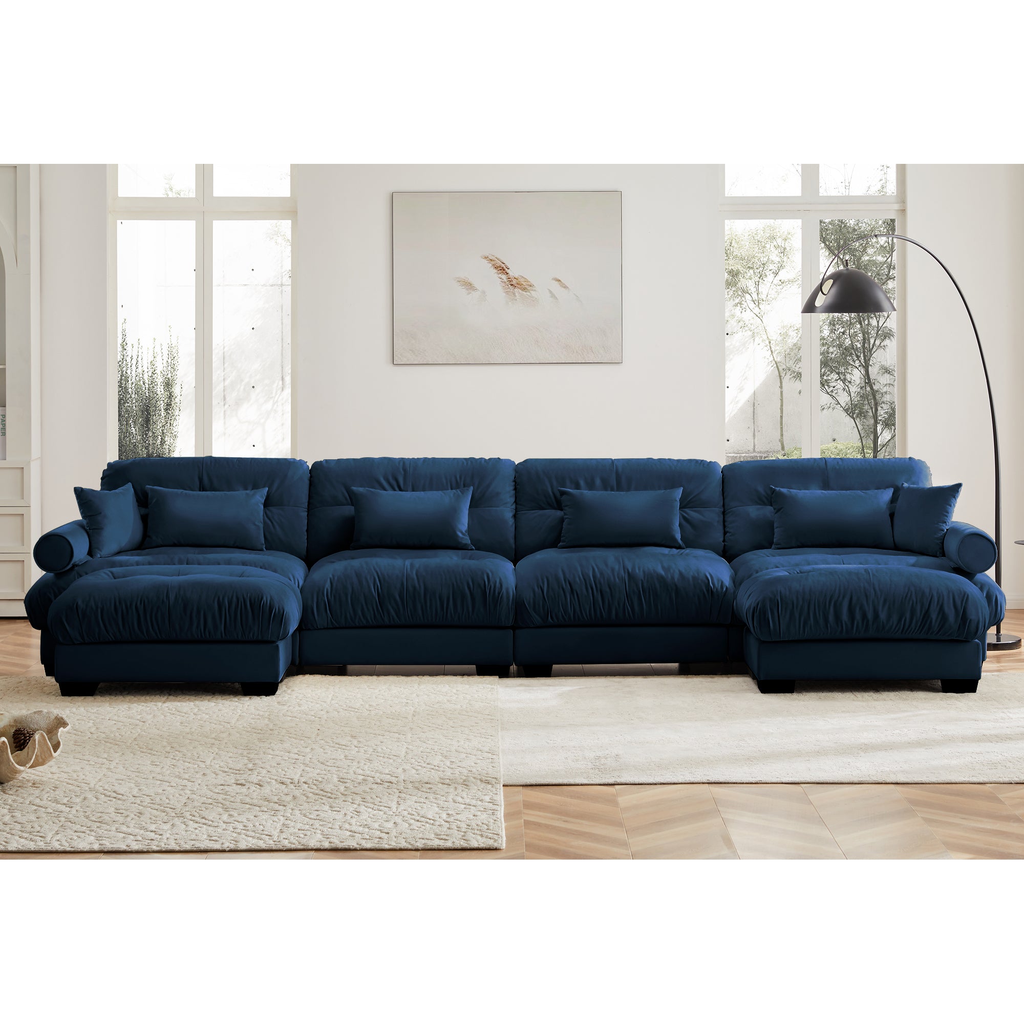 U-Shaped Velvet Sectional Cloud Couch with Movable Ottomans, Deep 4-Seater with Bolstered Armrests and Pillows, Blue