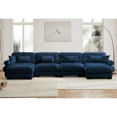 U-Shaped Velvet Sectional Cloud Couch with Movable Ottomans, Deep 4-Seater with Bolstered Armrests and Pillows, Blue