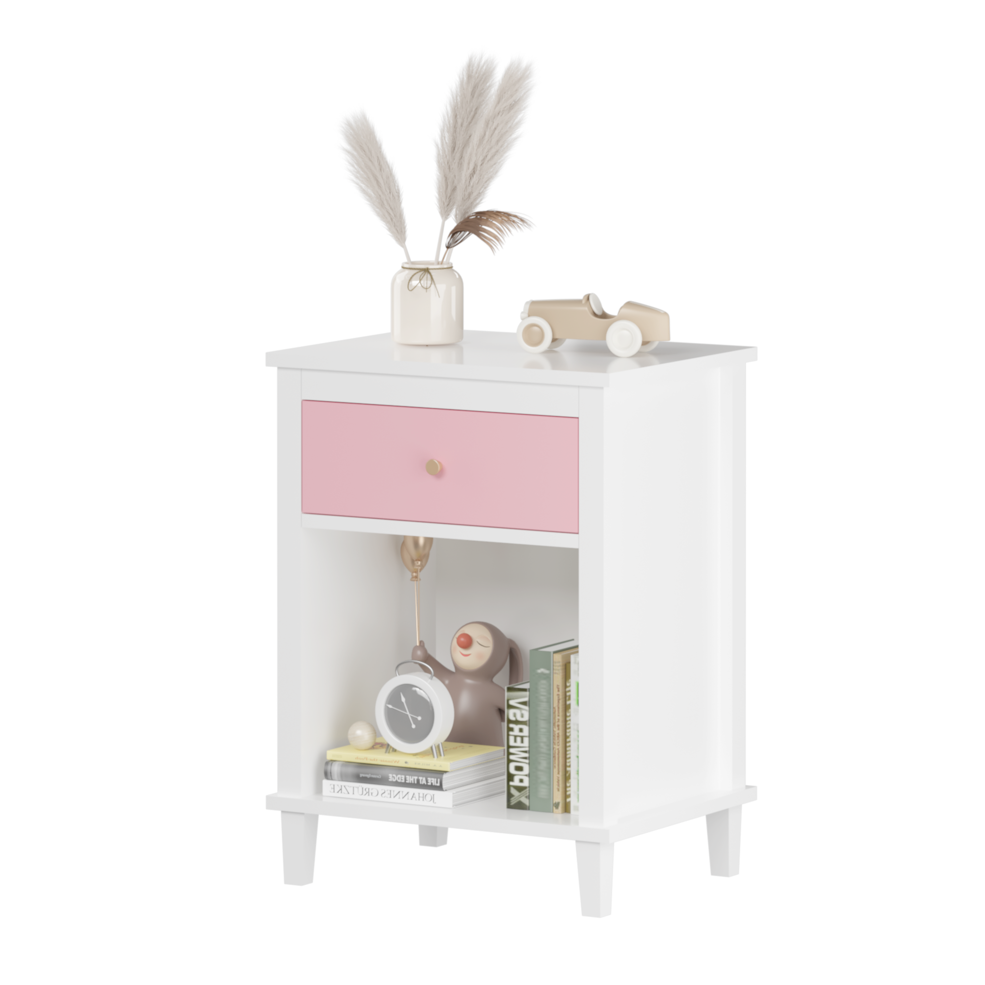 26.77''H Wooden Nightstand with One Drawer One Shelf for Kids, Adults, Pink