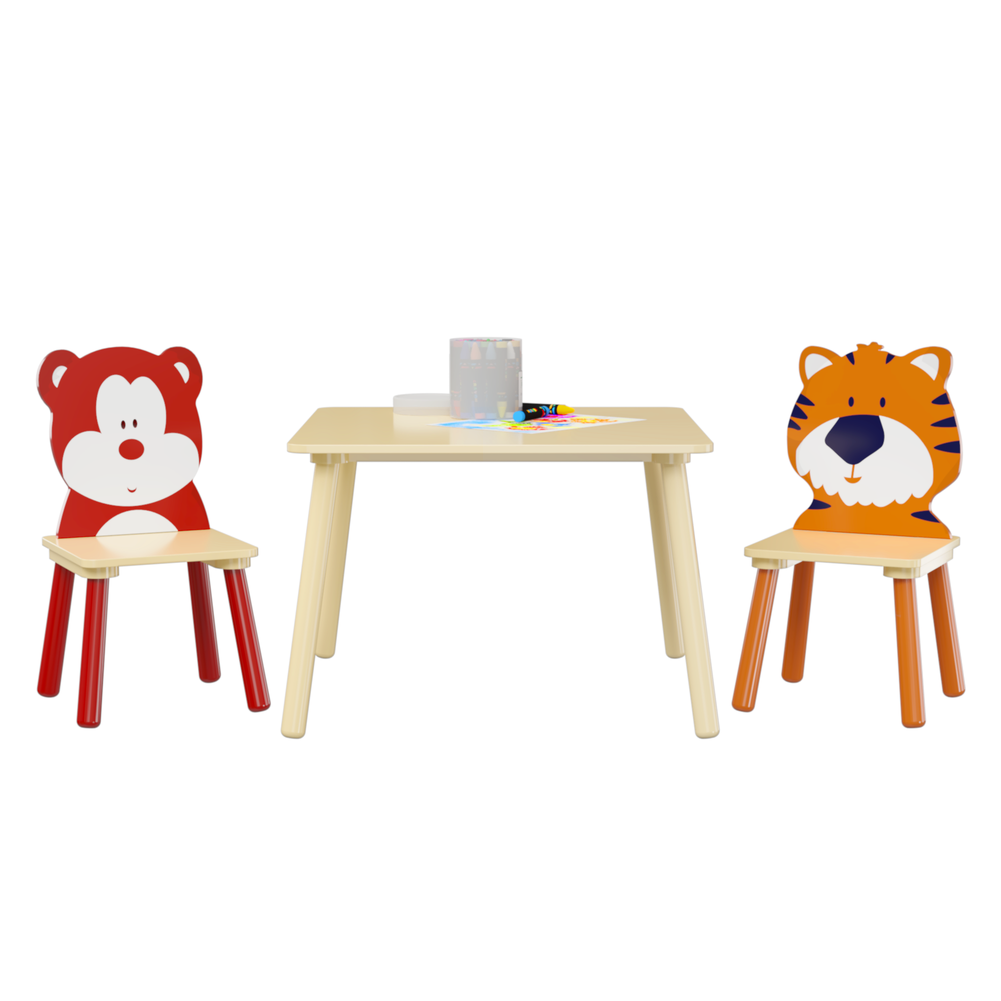 Kids Table and 2 Chairs Set, 3 Pieces Toddler Table and Chair Set, Wooden Activity Play Table Set (Bear&Tiger)