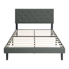 Queen Size Upholstered Platform Bed Frame with Modern Button Tufted Linen Fabric Headboard, No Box Spring Needed, Wood Slat Support, Easy Assembly, Dark Grey