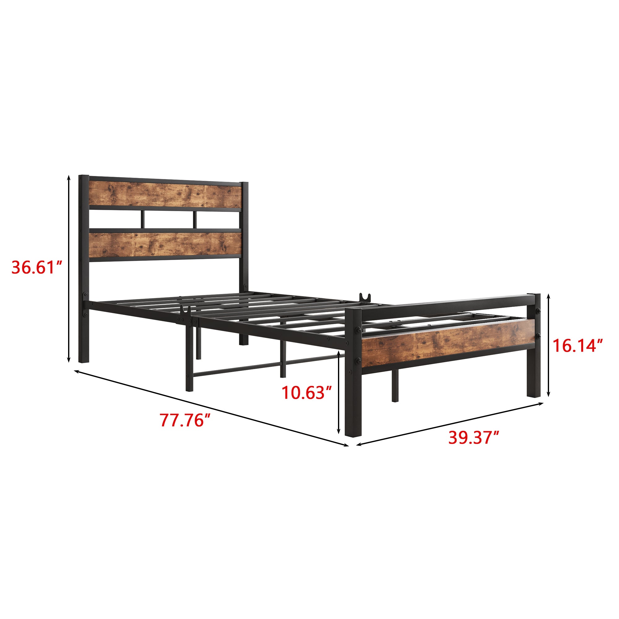 Twin Platform Bed Frame, Rustic Wood Headboard, No Box Spring