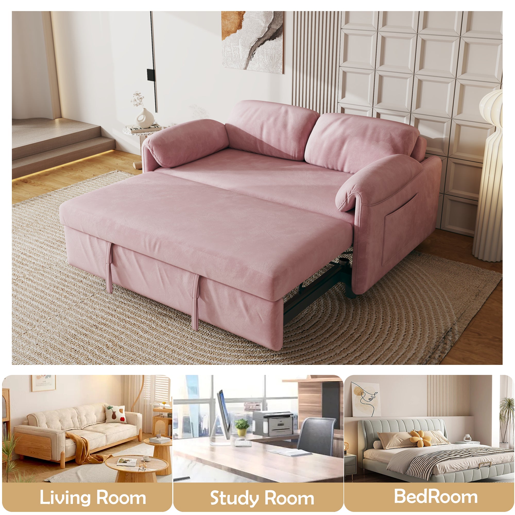 54" Pink Velvet  Sofa Bed for Multi-purpose - Perfect Pull-Out Sofa Design for Living Spaces