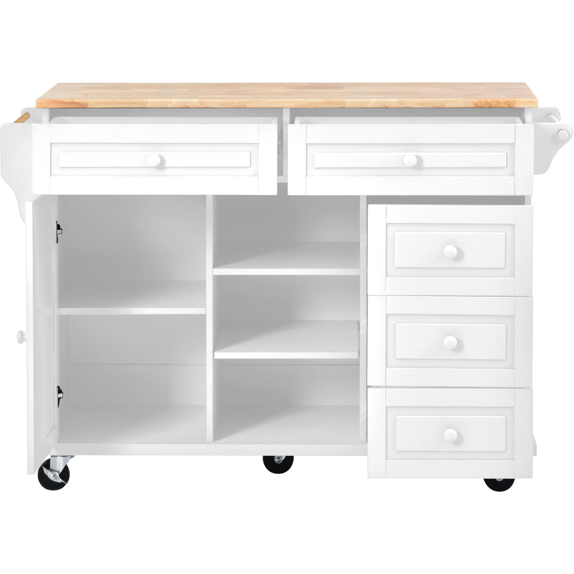 53" Kitchen cart with Rubber wood desktop rolling mobile kitchen island with storage and 5 draws, White