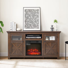 Farmhouse TV Stand with 2 Doors, Barn Design, Large Media Console with 18" Electric Fireplace Insert, Dark Brown