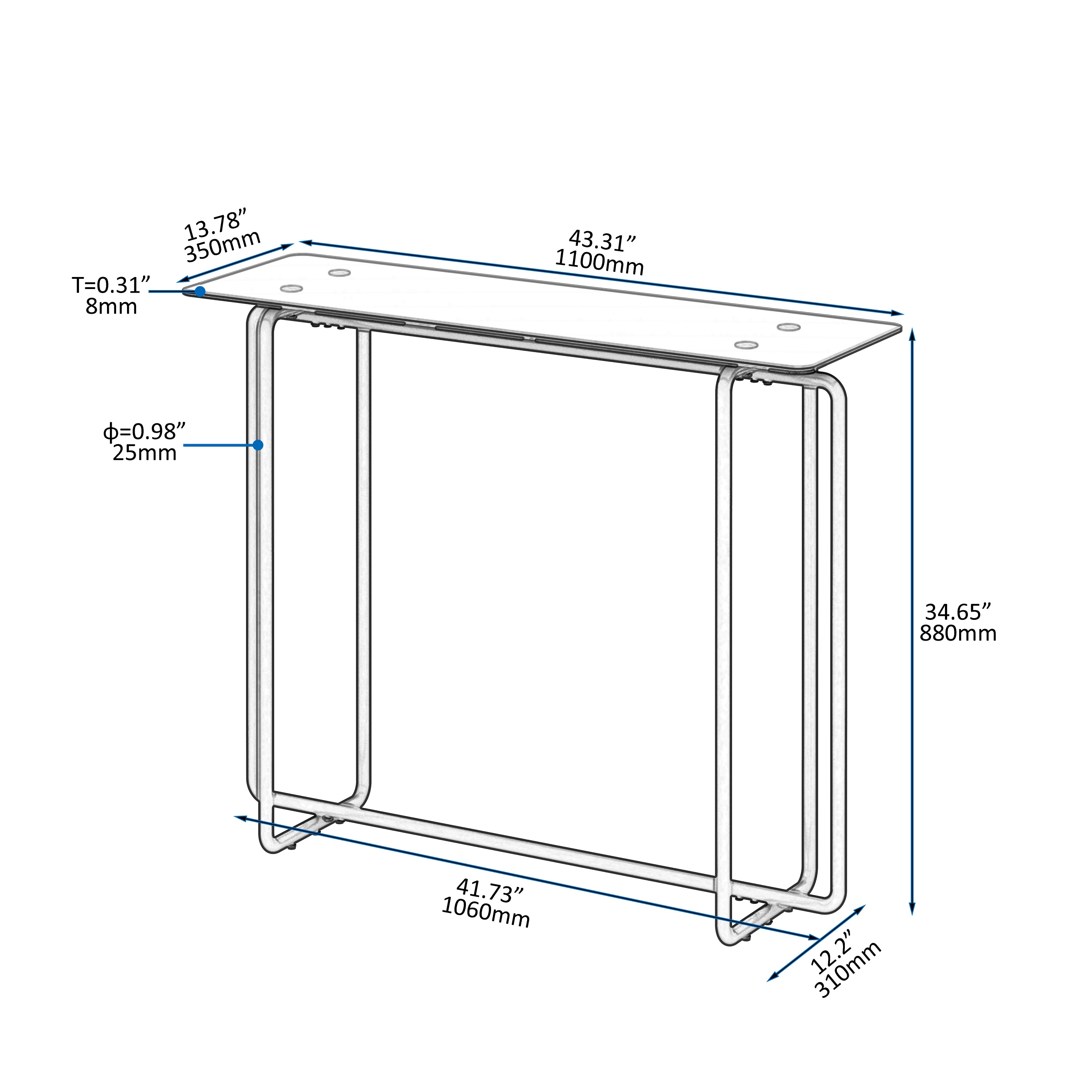 Console Table single layer tempered glass rectangular porch table black leg double tempered glass tea table,Black