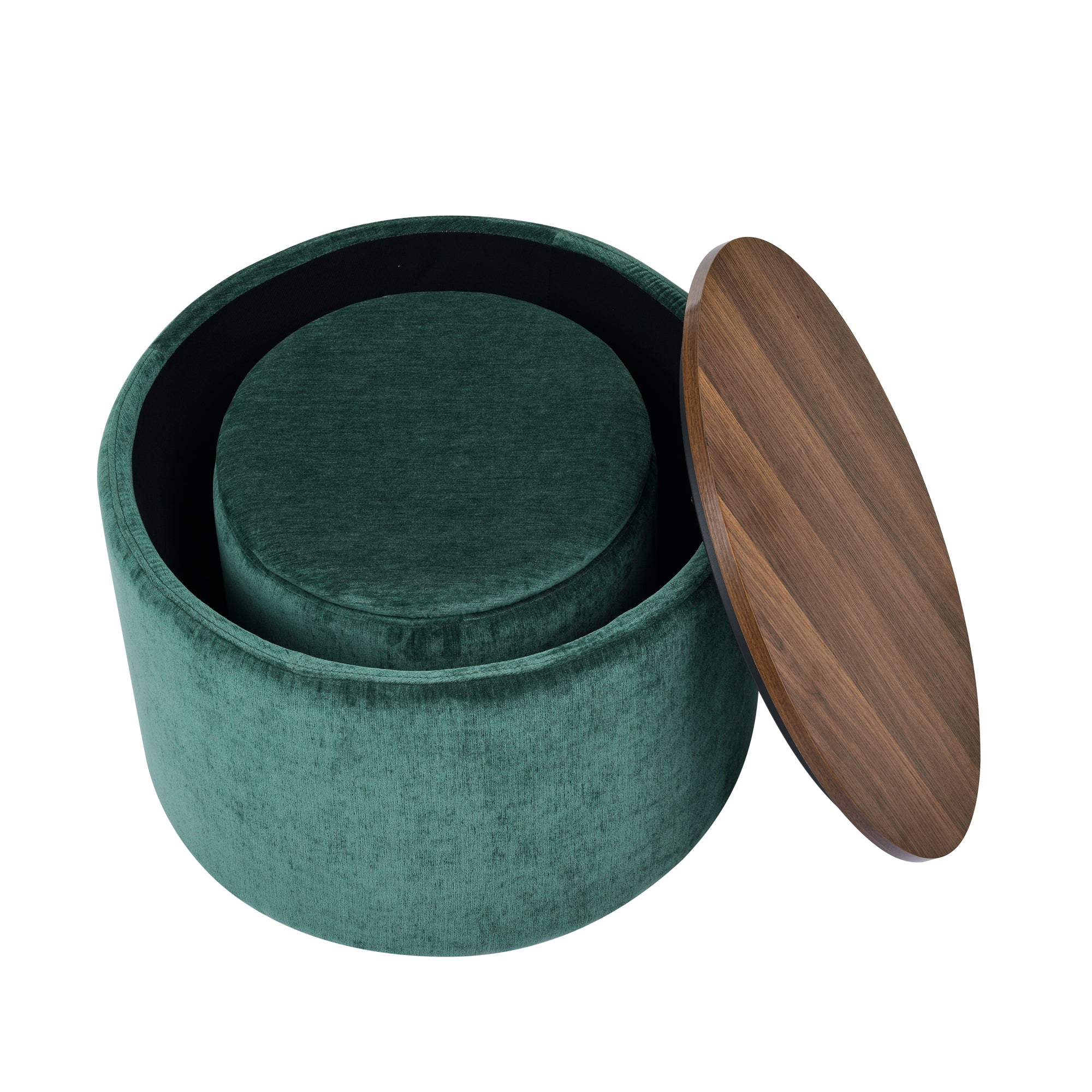 2-Piece Set Round Chenille Storage Ottoman, Equipped with a Drum Shaped Small Stool, Storage Space, and MDF Made Desktop Panel (Dark Green23.62"x23.62"x16.53")