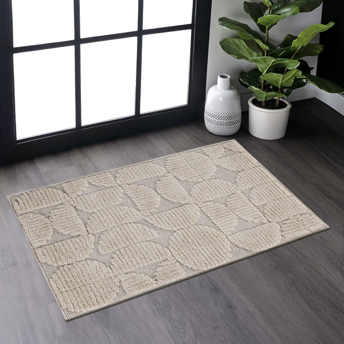 2x3 Modern Geometric Area Rug Beige High-Low Boho Accent Rug Non-Shedding Carpet for Bedroom Kitchen Entryway
