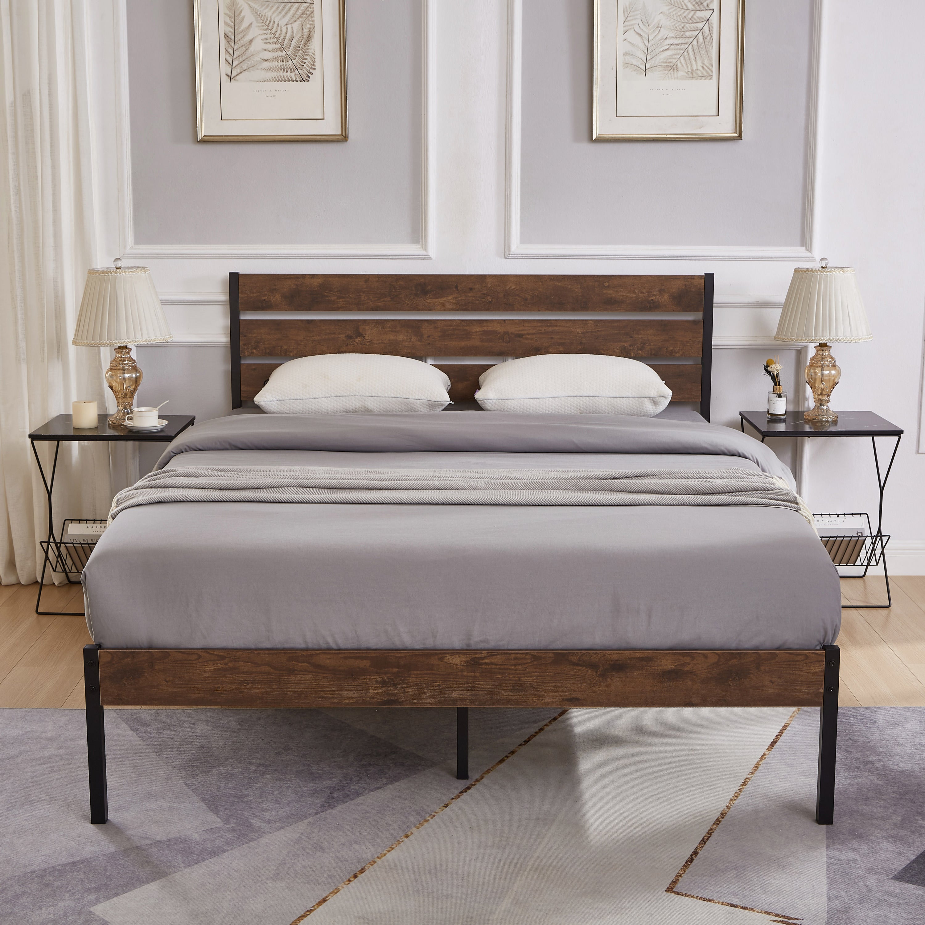 Queen Size Bed Frame with Wood Headboard, Metal Frame with Strong Slats, Noise Free,No Box Spring Needed-Brown