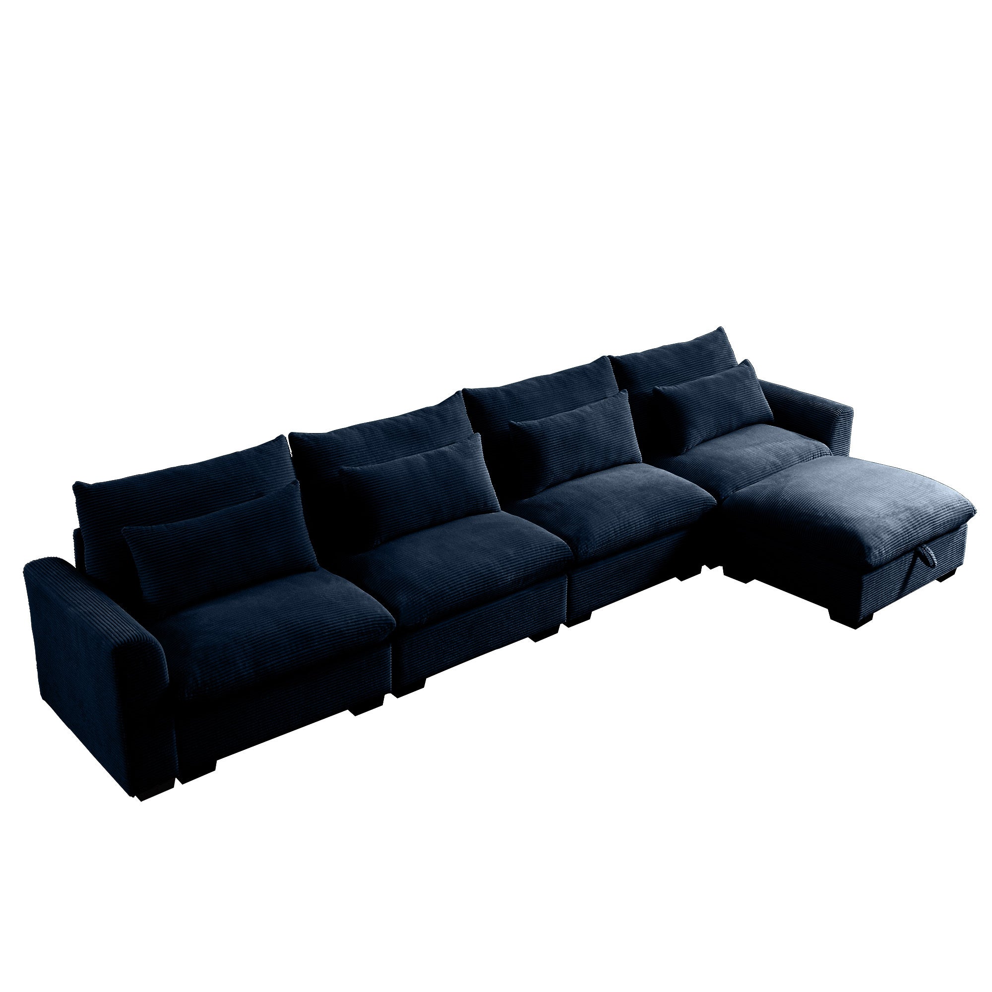 Large L Shape Sectional Corduroy Sofa,Deep Seat Couch with Storage Footstool and 4 Waist Pillows, Blue