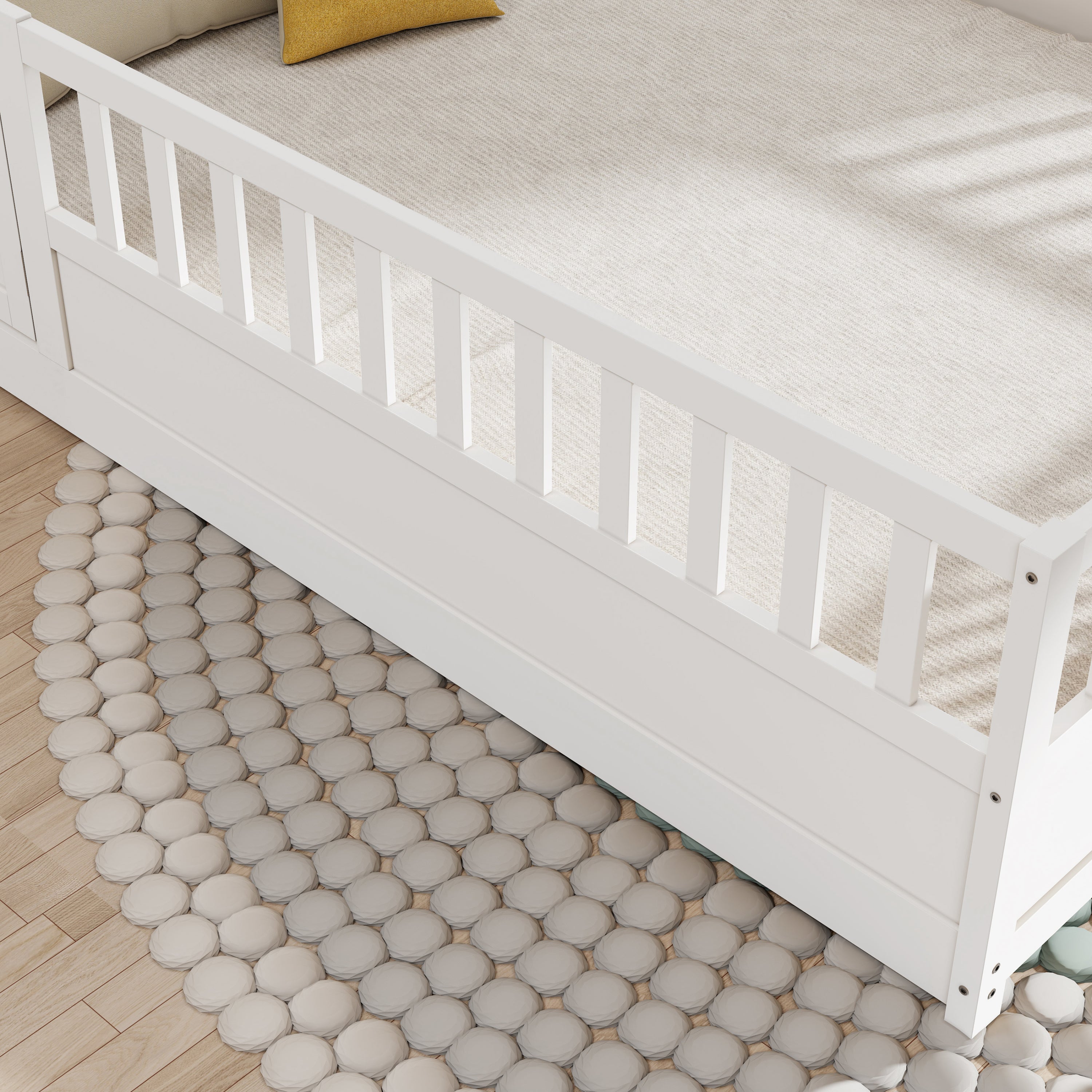 Full size  Floor bed, integral construction with super high security barrier, door, children's floor bed frame, Montessori wooden children's floor bed, Support slat white