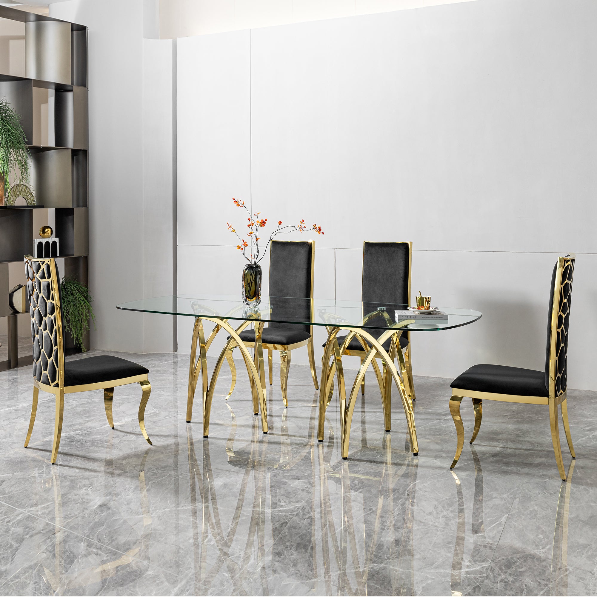 0.47" Thick Tempered Glass Rectangular Dining Table with Gold Stainless Steel Base