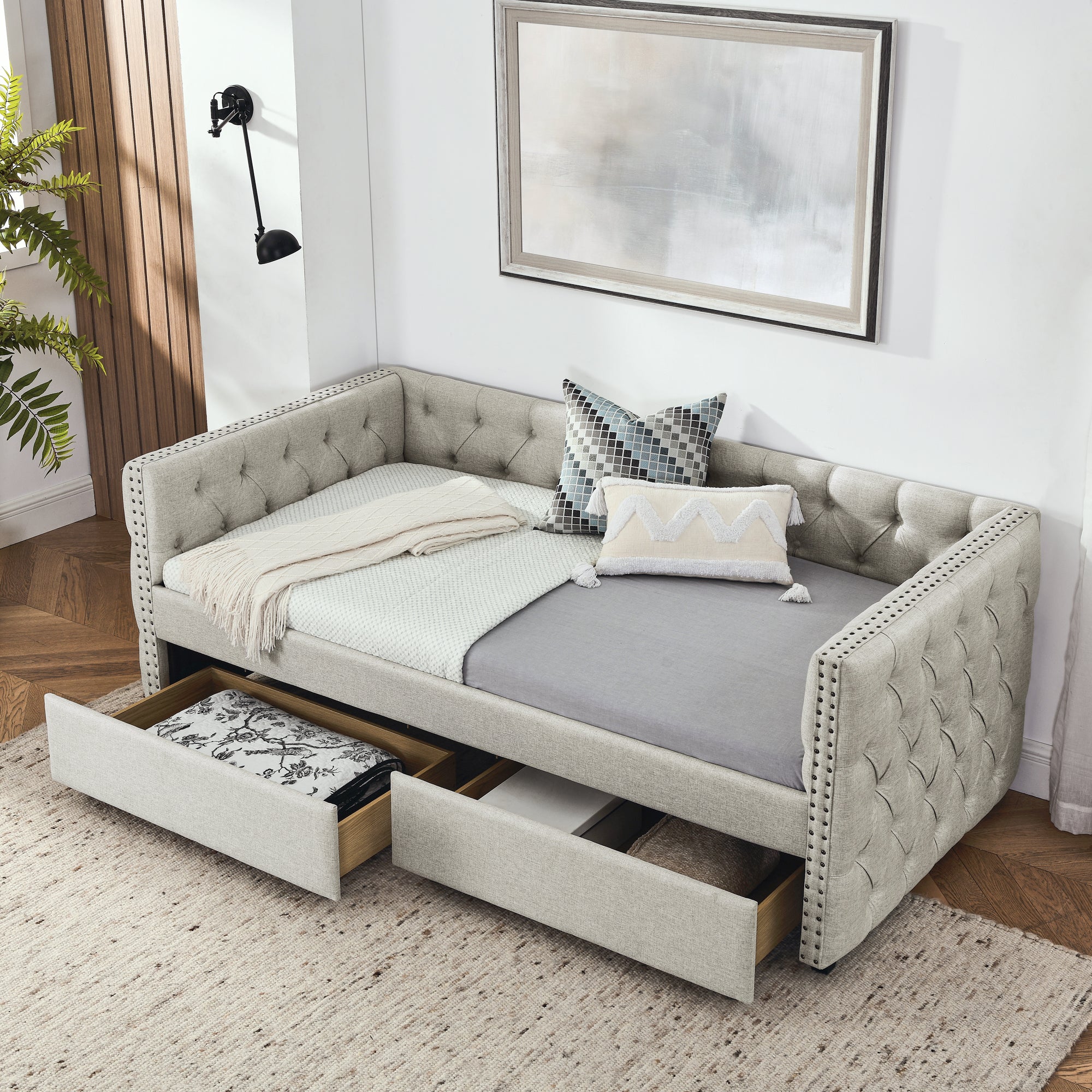 Upholstered Twin Size Daybed with Two Drawers, with Button and Copper Nail on Square Arms, Beige (82.75''x43''x30.75'')