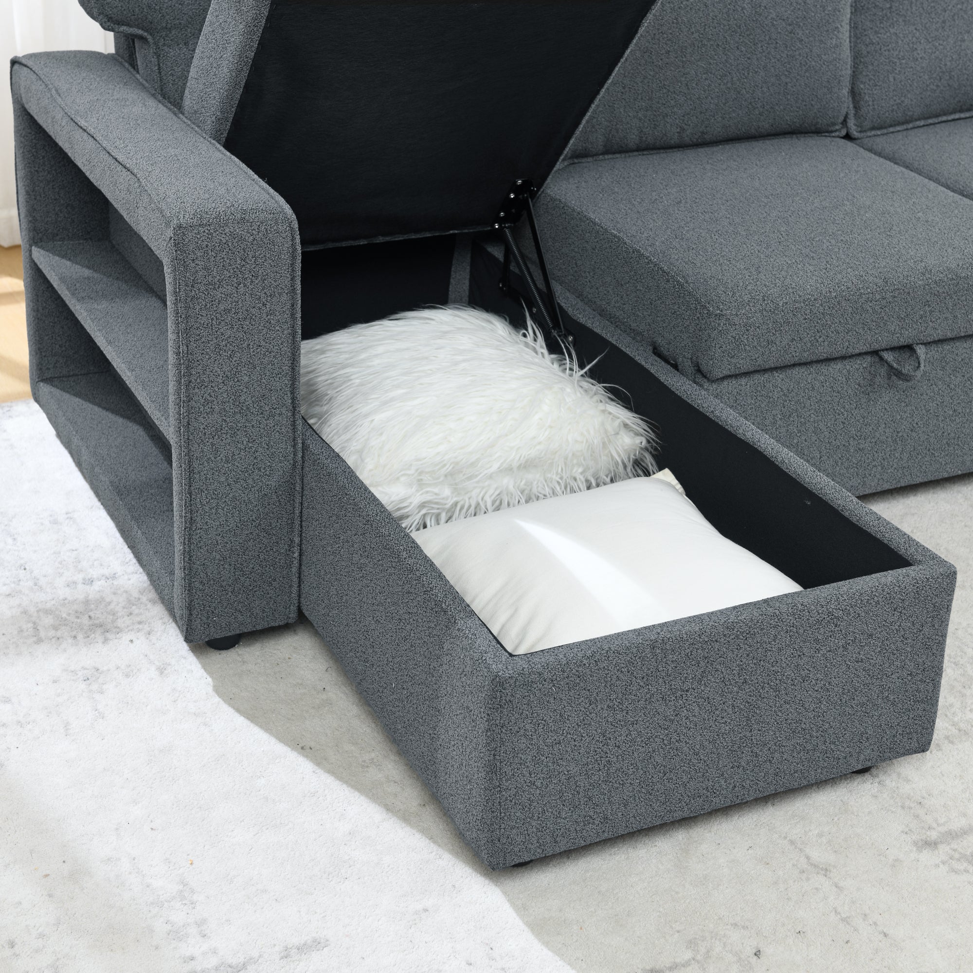 Linen Upholstered Sleeper Sectional Sofa, Shaped Modular Convertible Sofa with Storage Chaise,There are two cup holders in the middle and USB multi-interface function,Pull Out Sleep Couch Bed ,Grey