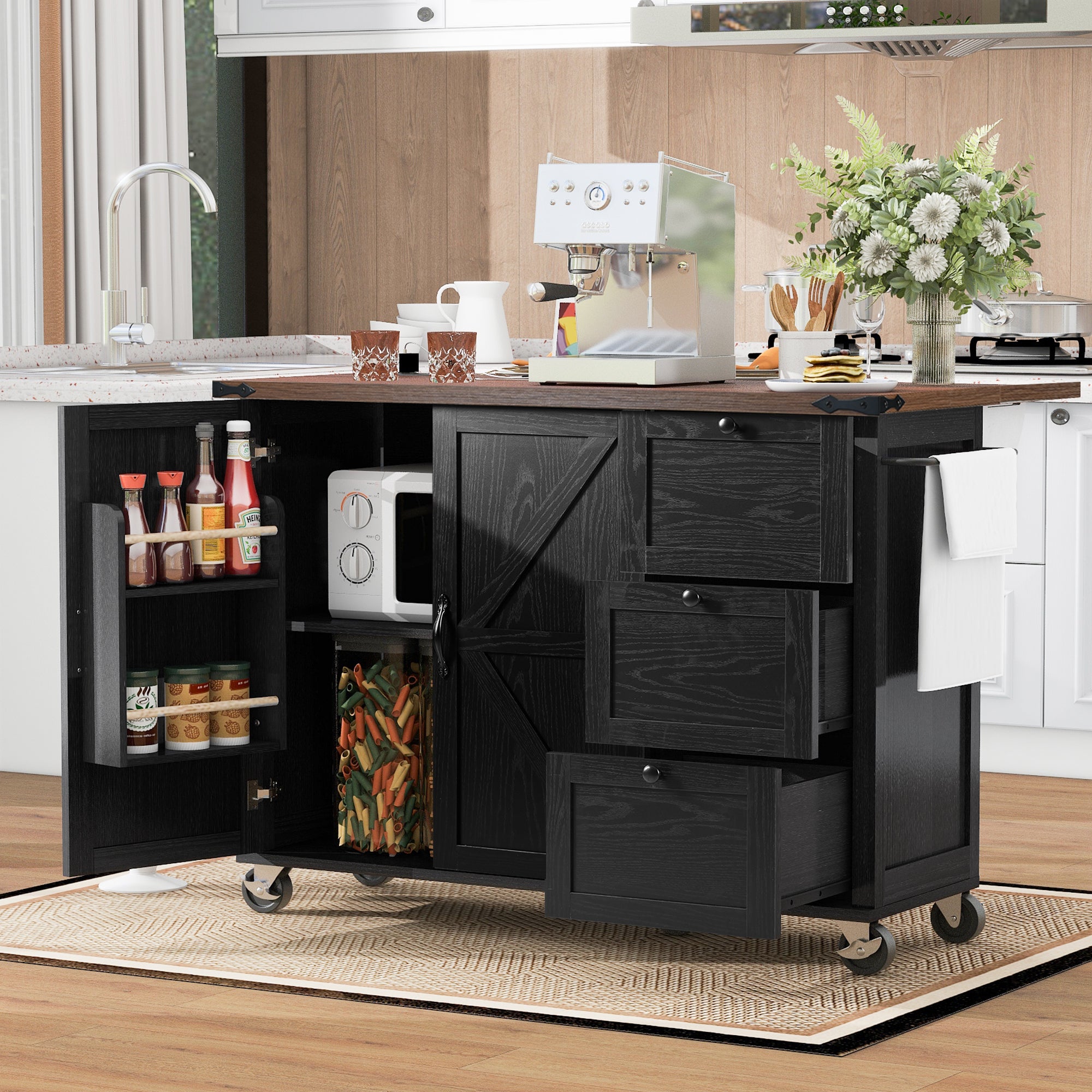 K&K 54.5" Kitchen Storage Island  with Internal Storage Rack, Drop Leaf, Spice Rack, Rolling Kitchen Cart on Wheels, Black