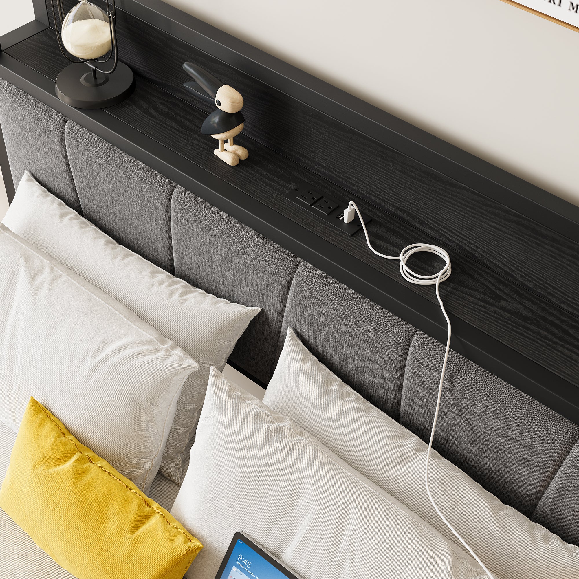 Full Bed Frame with Storage Headboard & Charging Station