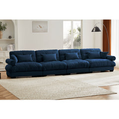 Oversized 4-Seater Velvet Sectional Sofa with Ottoman, Deep Seat Cloud Couch for Living Room, Blue