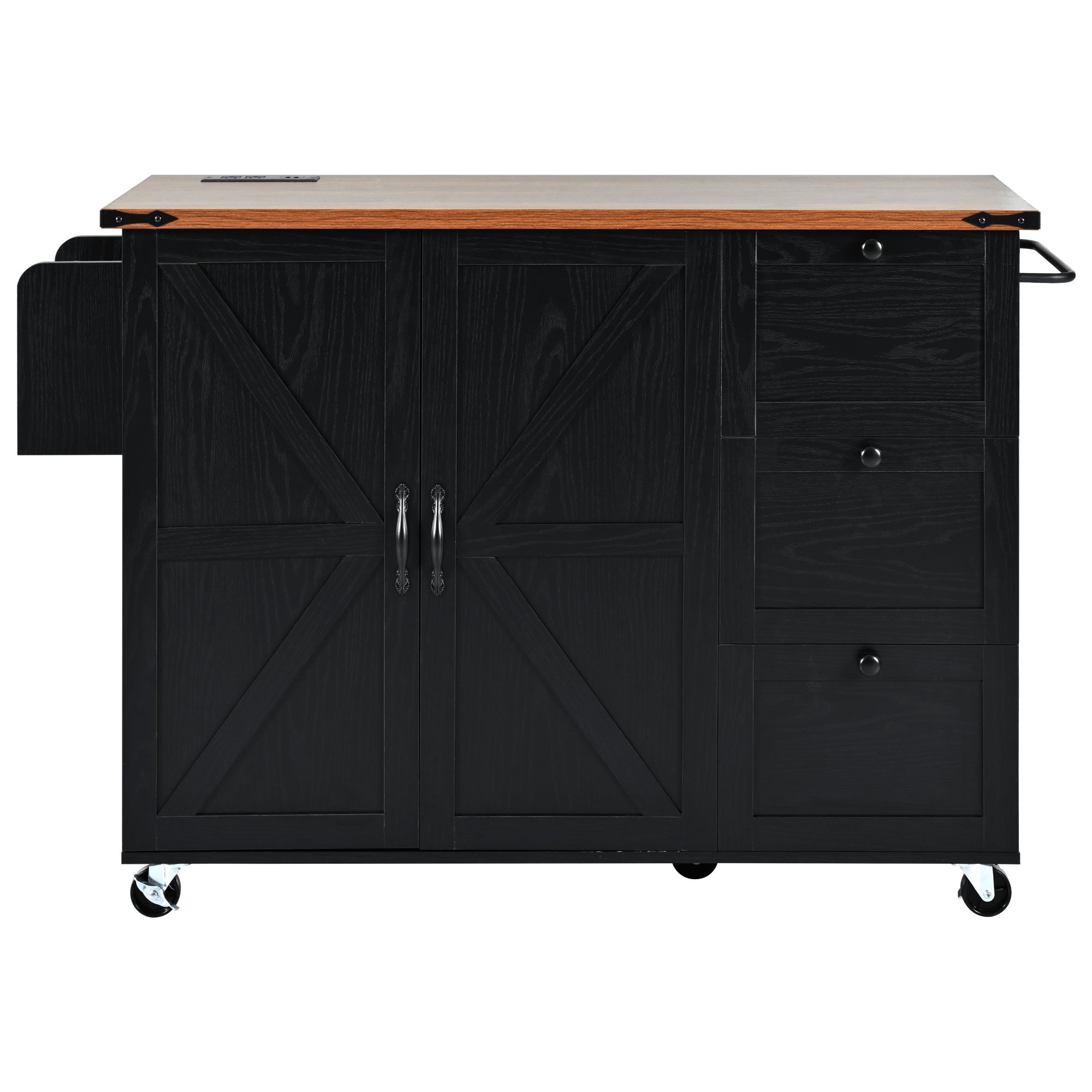 K&K 54.5" Kitchen Storage Island  with Internal Storage Rack, Drop Leaf, Spice Rack, Rolling Kitchen Cart on Wheels, Black