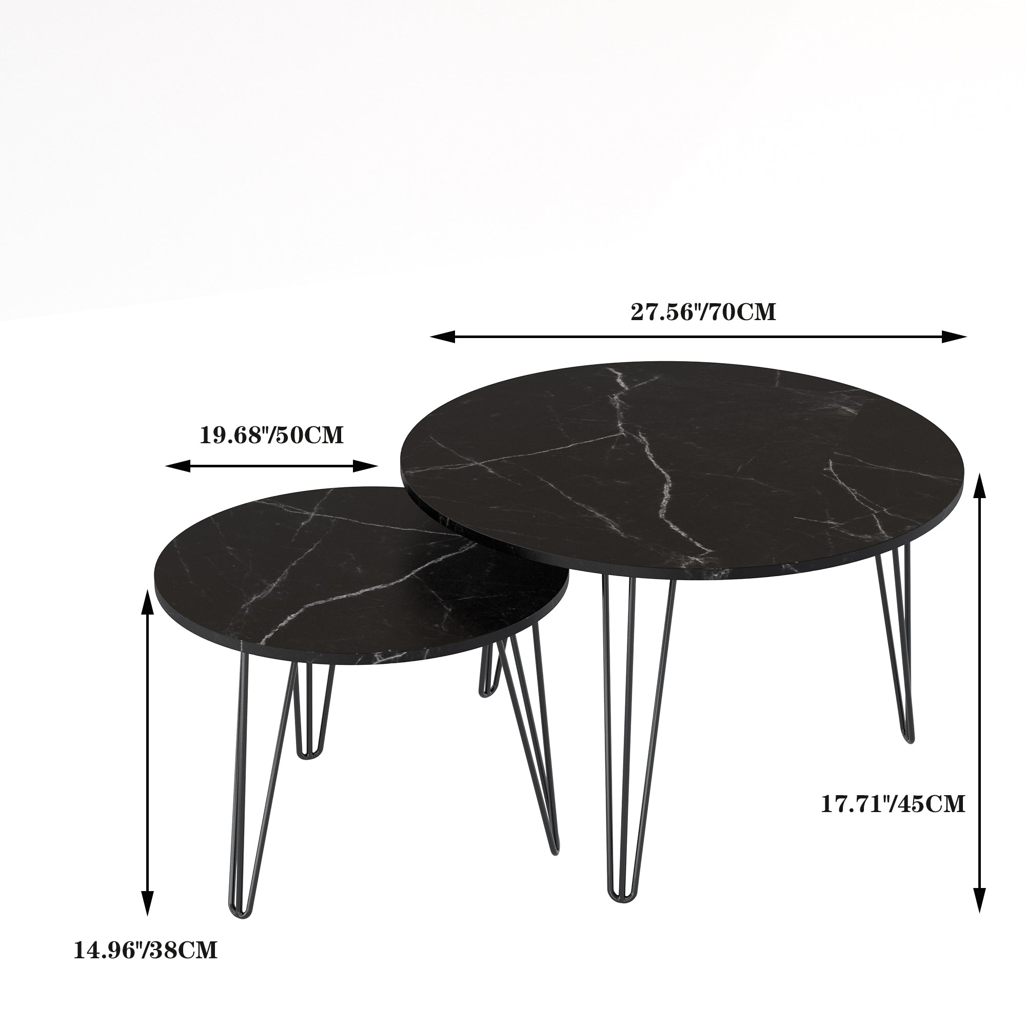 27.56'' Round Nesting Coffee Table Set of 2, Circular Nesting End Table Set, Round Marble Tabletop, and Sturdy Metal Base for Living Room, bedroom, Black