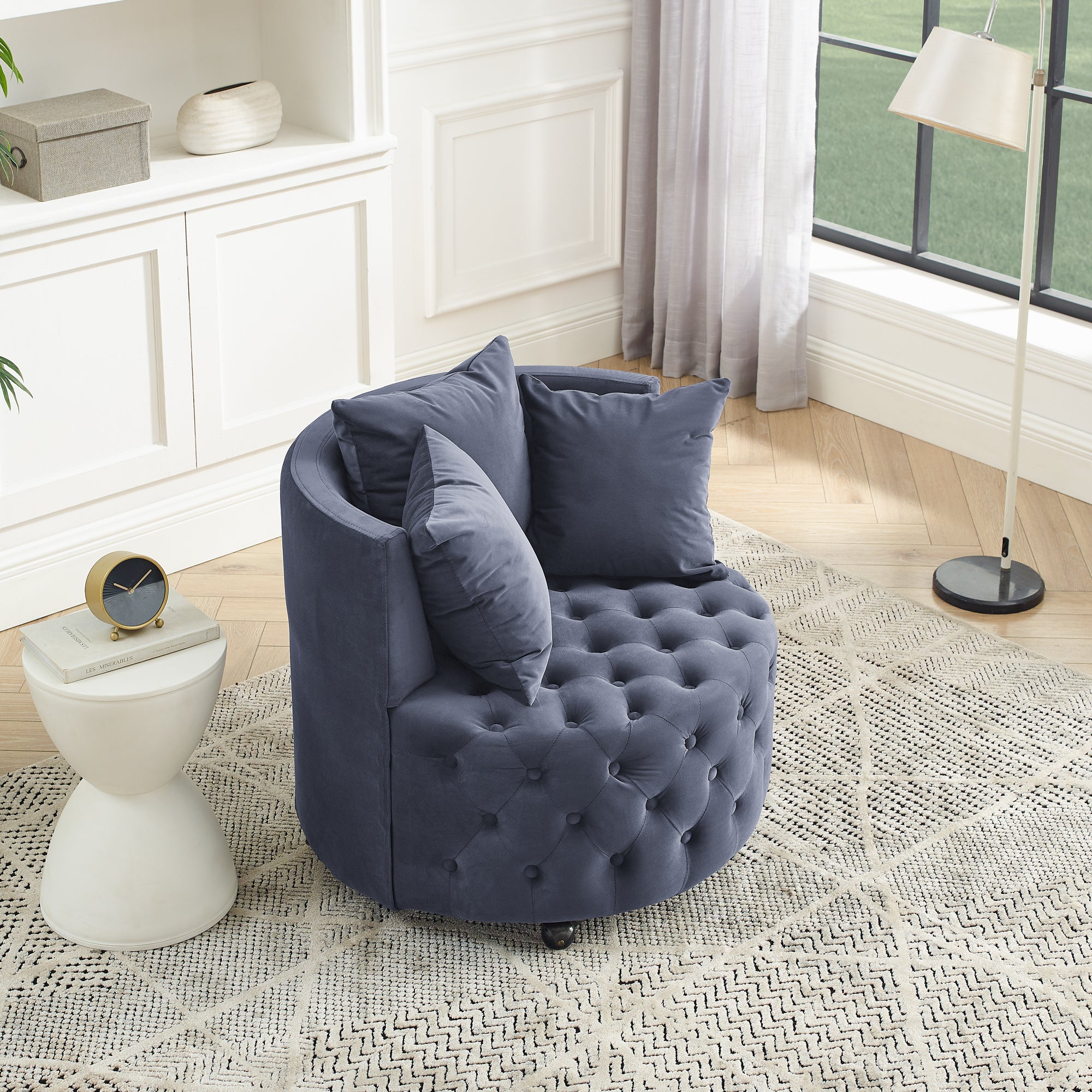 Velvet Upholstered Swivel Chair for Living Room, with Button Tufted Design and Movable Wheels, Including 3 Pillows, Grey