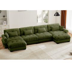 U-Shaped Velvet Sectional Cloud Couch with Movable Ottomans, Deep 4-Seater with Bolstered Armrests and Pillows, Olive green