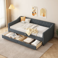 Twin Size Daybed with Drawers Upholstered Tufted Sofa Bed, with Button on Back and Piping on Waved Shape Arms-Dark Grey