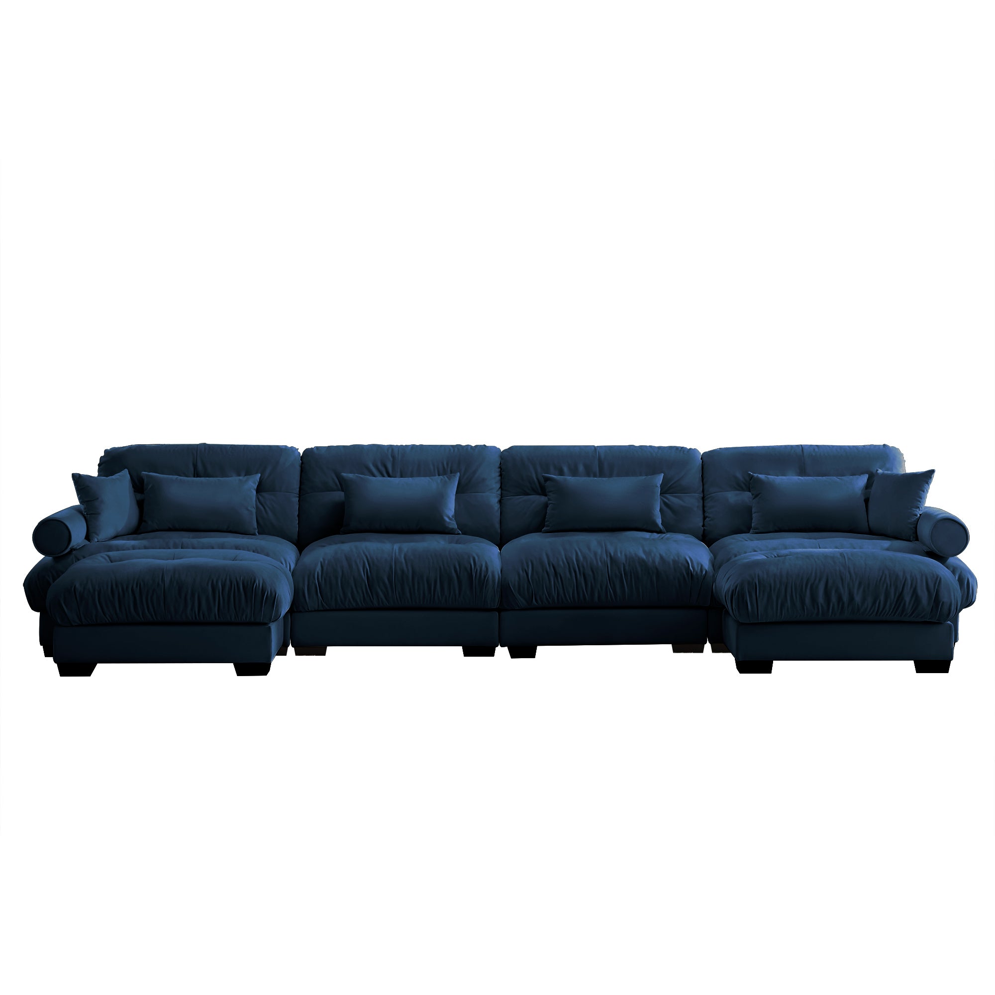 U-Shaped Velvet Sectional Cloud Couch with Movable Ottomans, Deep 4-Seater with Bolstered Armrests and Pillows, Blue