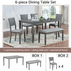 6 Piece Kitchen Dining Set, Rectangular Wooden Dining Table with 4 Upholstered Chairs and a Bench, Dining Table Set for 6 People, Living Room, Home Bar and Kitchen, Gray