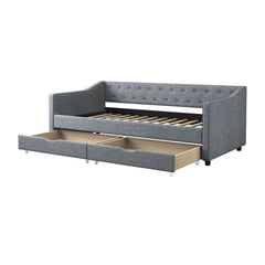 Twin Size Daybed with Drawers Upholstered Tufted Sofa Bed, with Button on Back and Piping on Waved Shape Arms-Light Grey