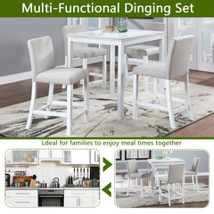 5 Piece Counter Height Table Set, Wooden Kitchen Table Set with Square Table and 4 Upholstered Chairs, Counter Height Dining Table with Crystal Decoration and Chair Set for Kitchen, Dining Room,White