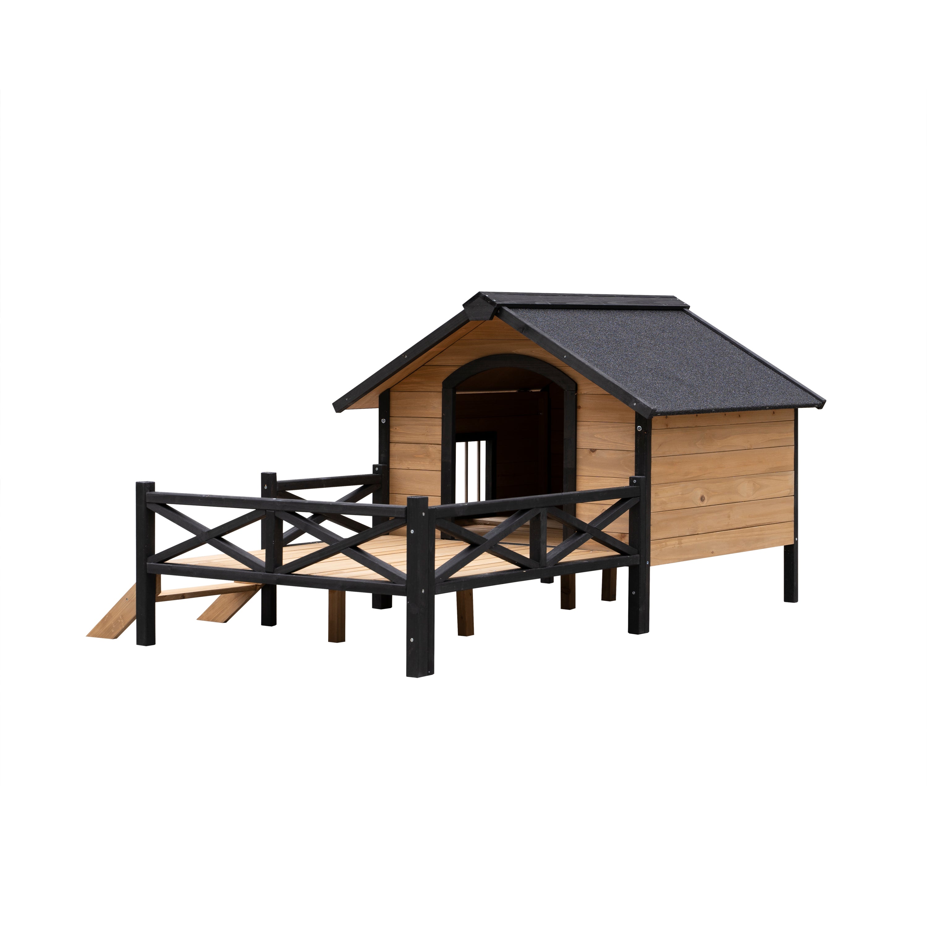Large Wooden Dog Kennel with Porch, Outdoor Cabin House for Medium & Large Dogs