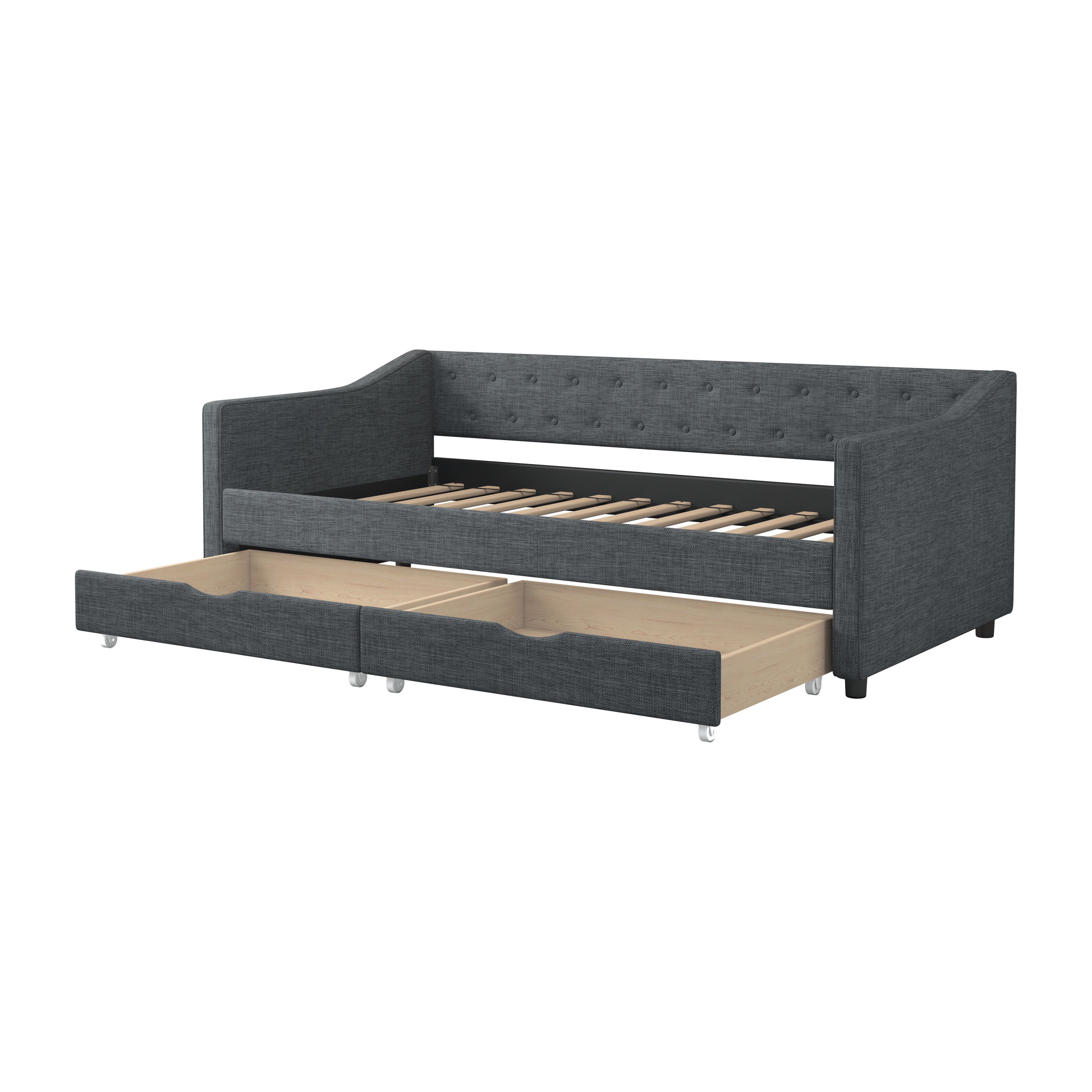 Twin Size Daybed with Drawers Upholstered Tufted Sofa Bed, with Button on Back and Piping on Waved Shape Arms-Dark Grey