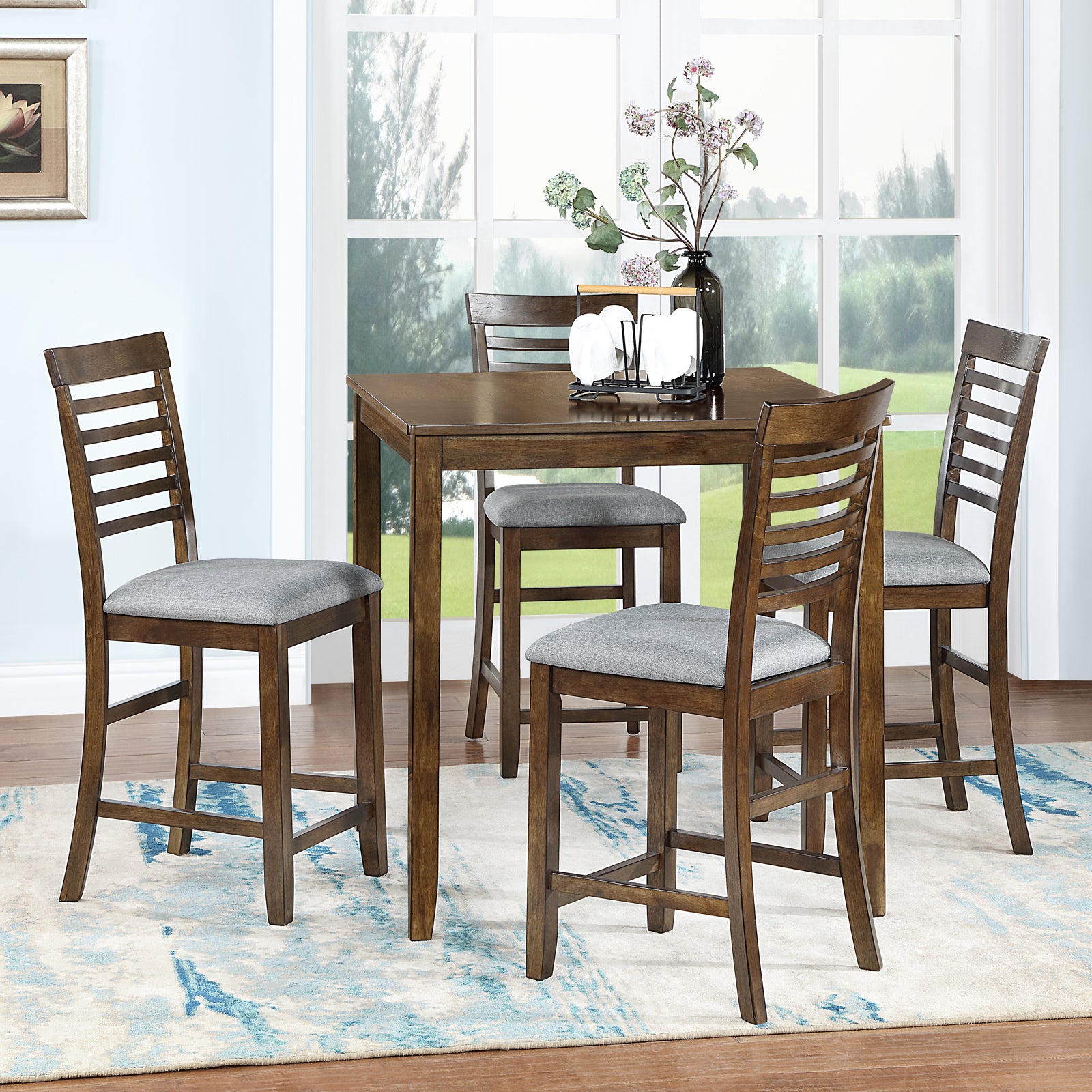 5 Piece Dining Table Set, Wooden Dining Square Table Set for 4, Counter Height Kitchen Table Set with Square Table and 4 Upholstered Chairs for Small Space, Walnut