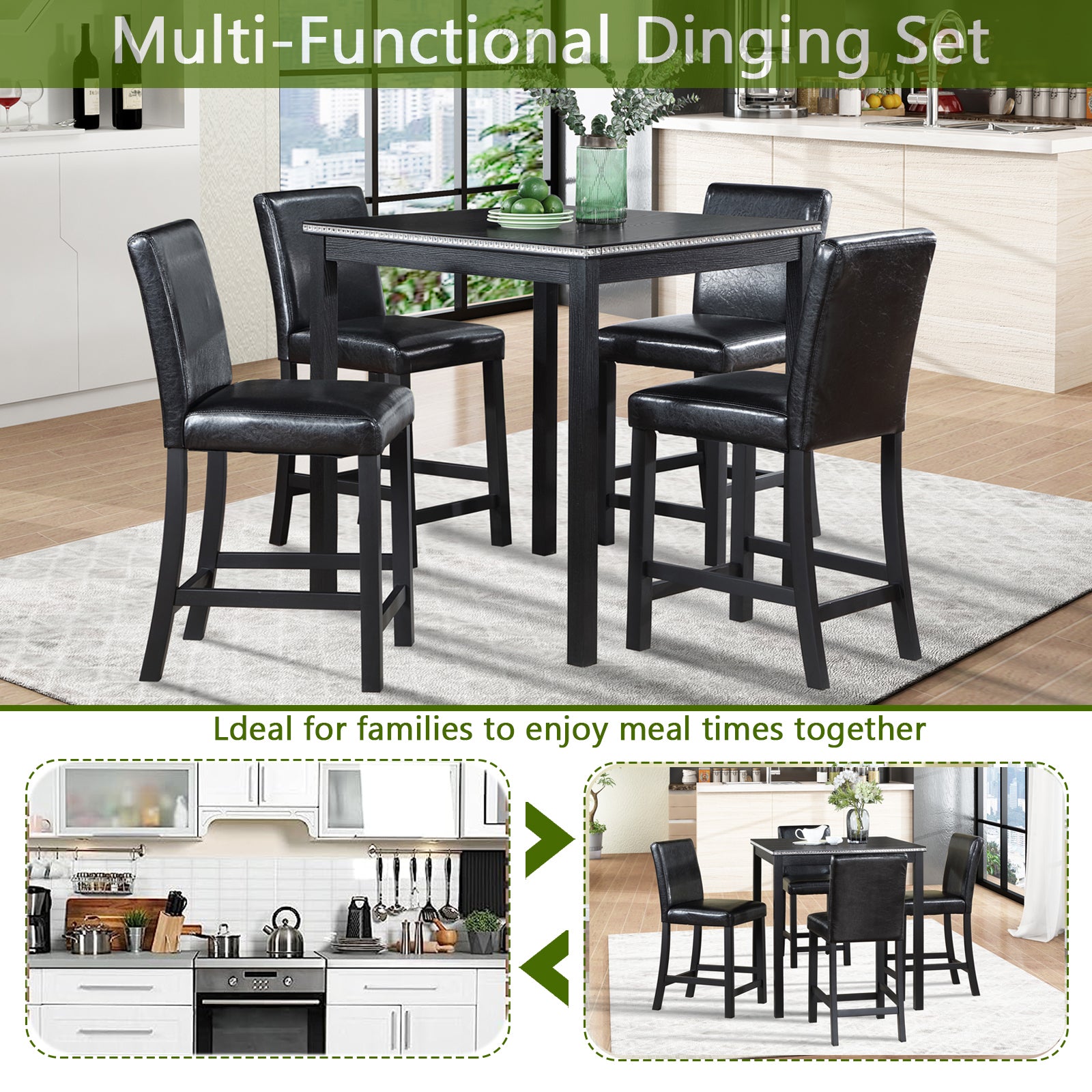 5 Piece Counter Height Table Set, Wooden Kitchen Table Set with Square Table and 4 Upholstered Chairs, Counter Height Dining Table with Crystal Decoration and Chair Set for Kitchen, Dining Room,Black