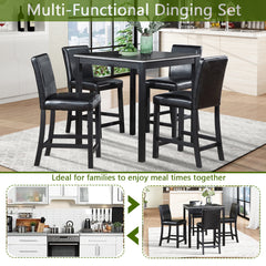 5 Piece Counter Height Table Set, Wooden Kitchen Table Set with Square Table and 4 Upholstered Chairs, Counter Height Dining Table with Crystal Decoration and Chair Set for Kitchen, Dining Room,Black