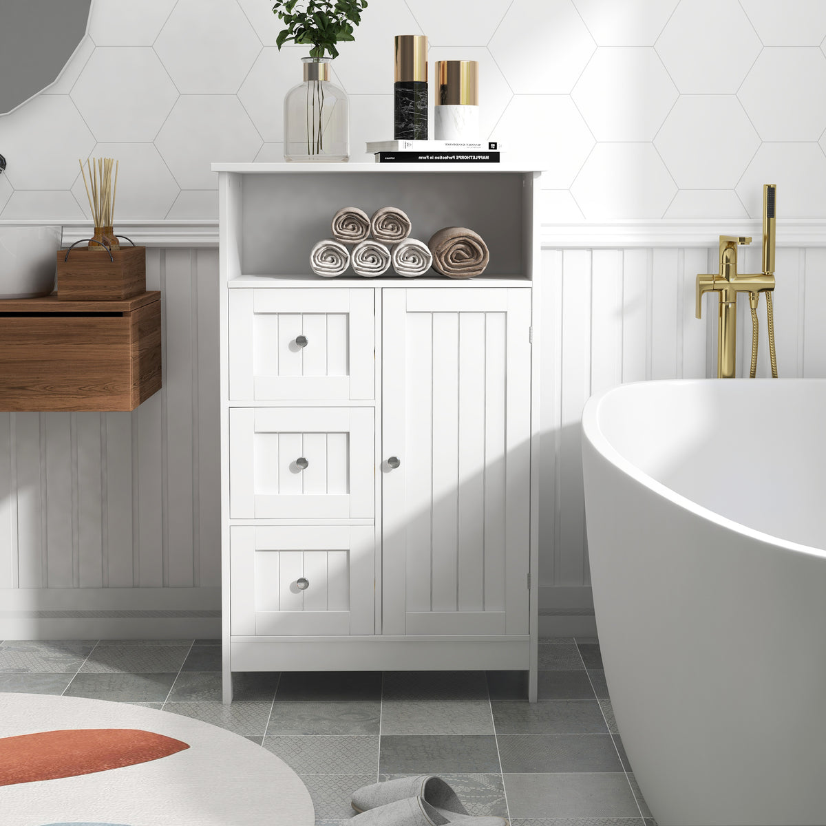 Bathroom standing storage cabinet with 3 drawers and 1 door-White