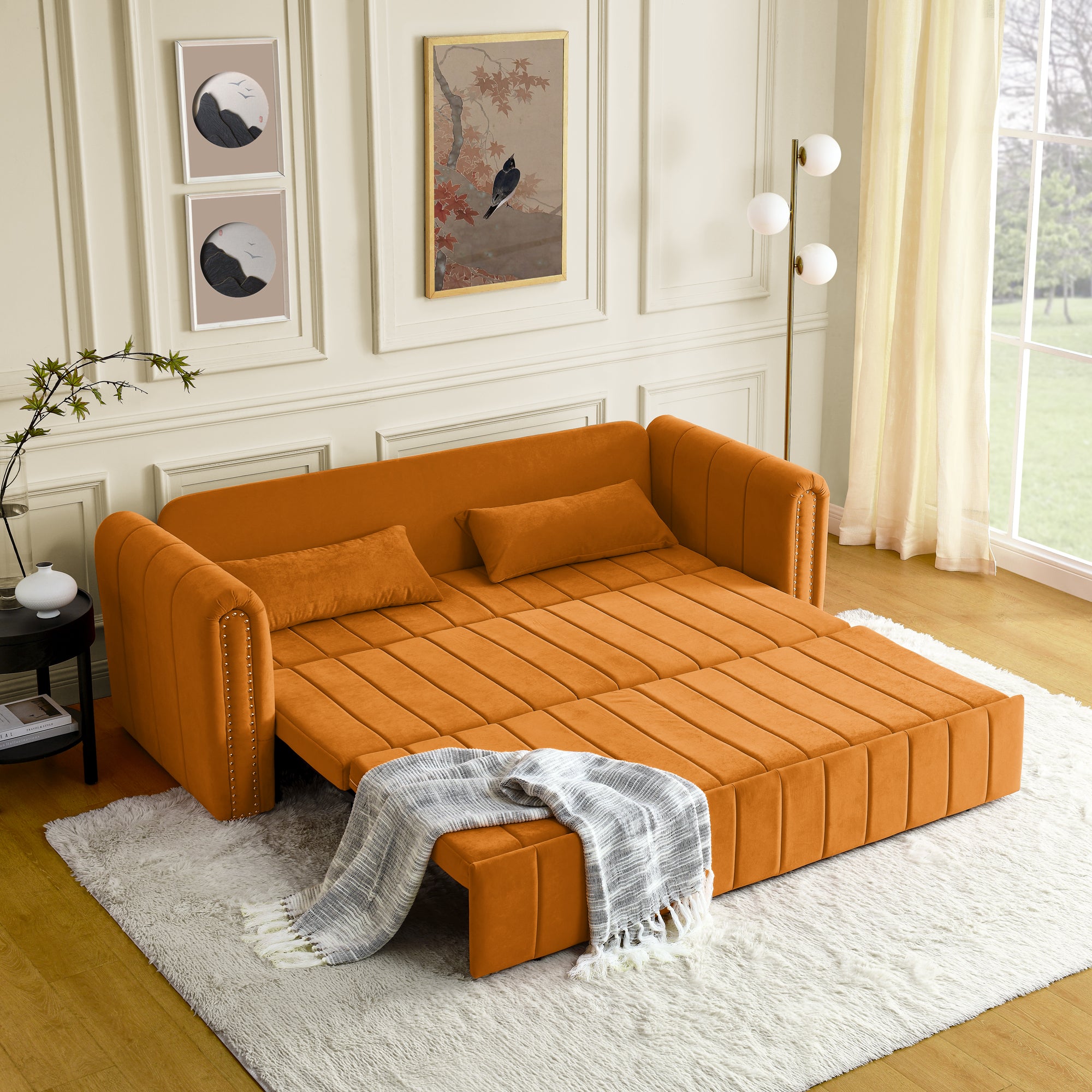 3 in 1 Pull-Out Bed Sleeper, Modern Upholstered 3 Seats Lounge Sofa & Couches with Rolled Arms Decorated with Copper Nails , Convertible Futon 3 Seats Sofabed with Two Drawers and Two Pillows