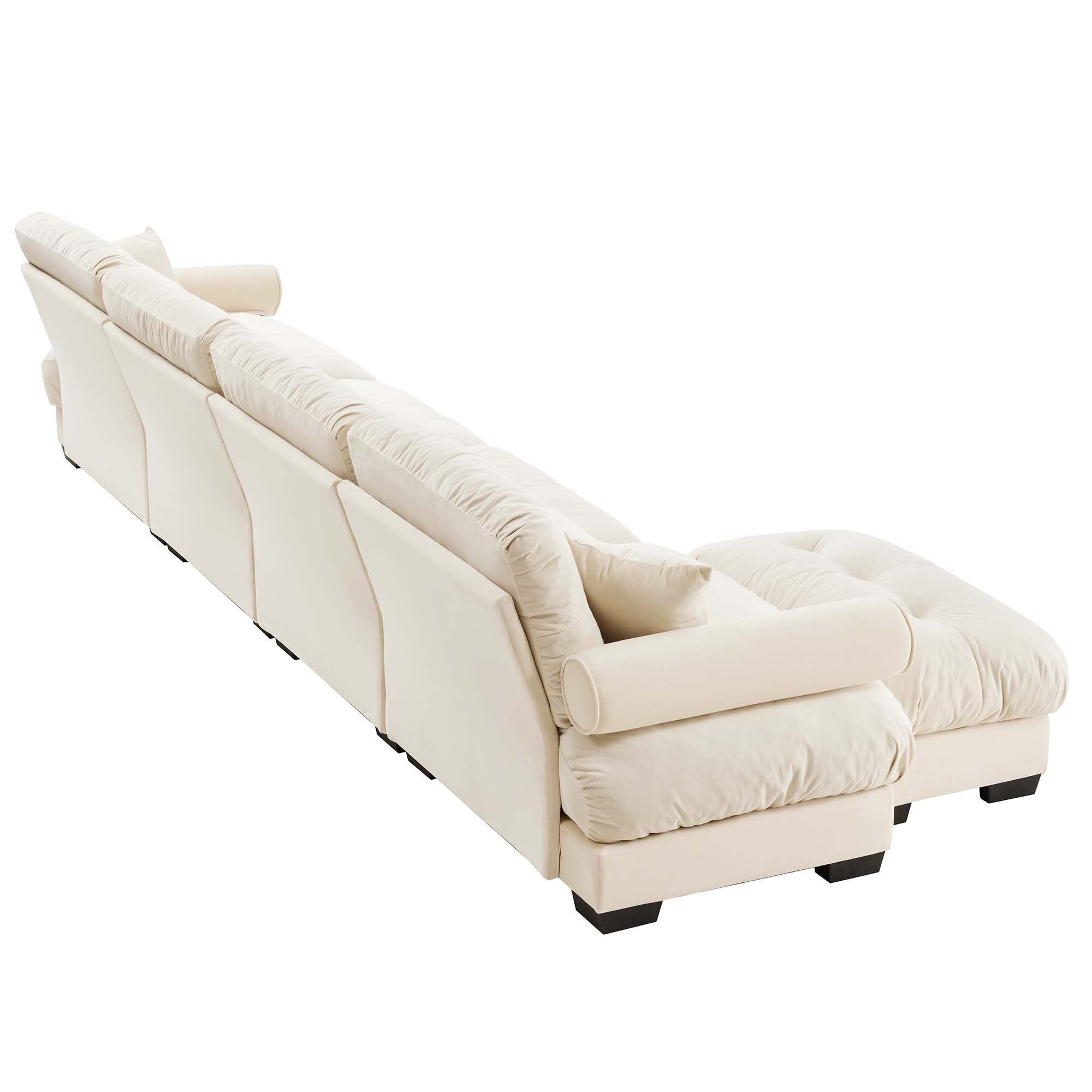 L-Shaped Convertible 4-Seater Cloud Sofa, Modern Velvet with Pillows and Bolstered Armrests,Cream