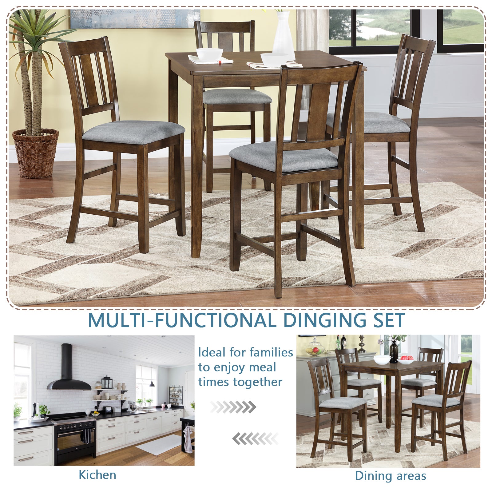 5 Piece Dining Table Set, Wooden Dining Square Table Set for 4, Counter Height Kitchen Table Set with Square Table and 4 Upholstered Chairs for Small Space, Walnut