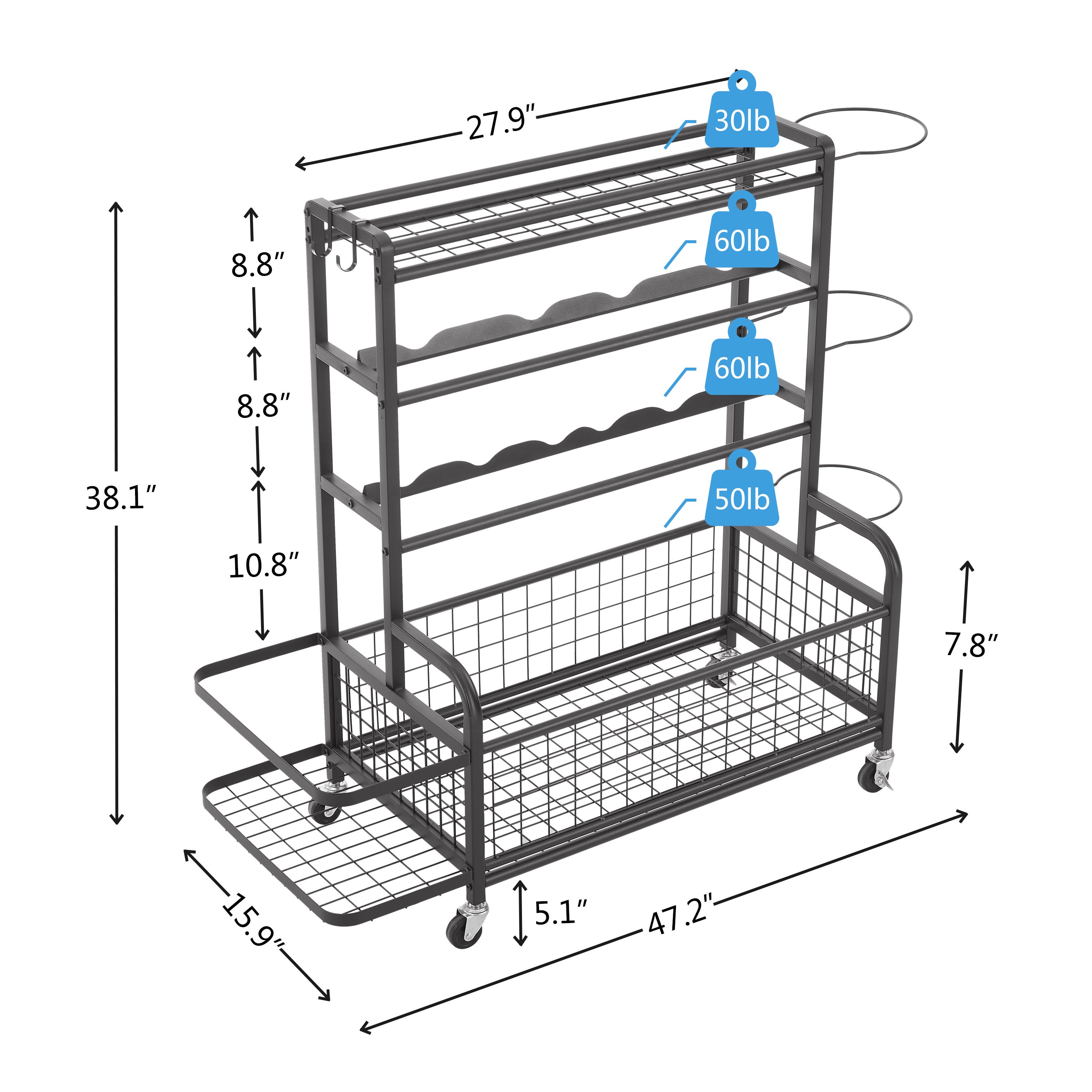 4-Tier Rolling Sports Organizer with Ball Storage & Hooks