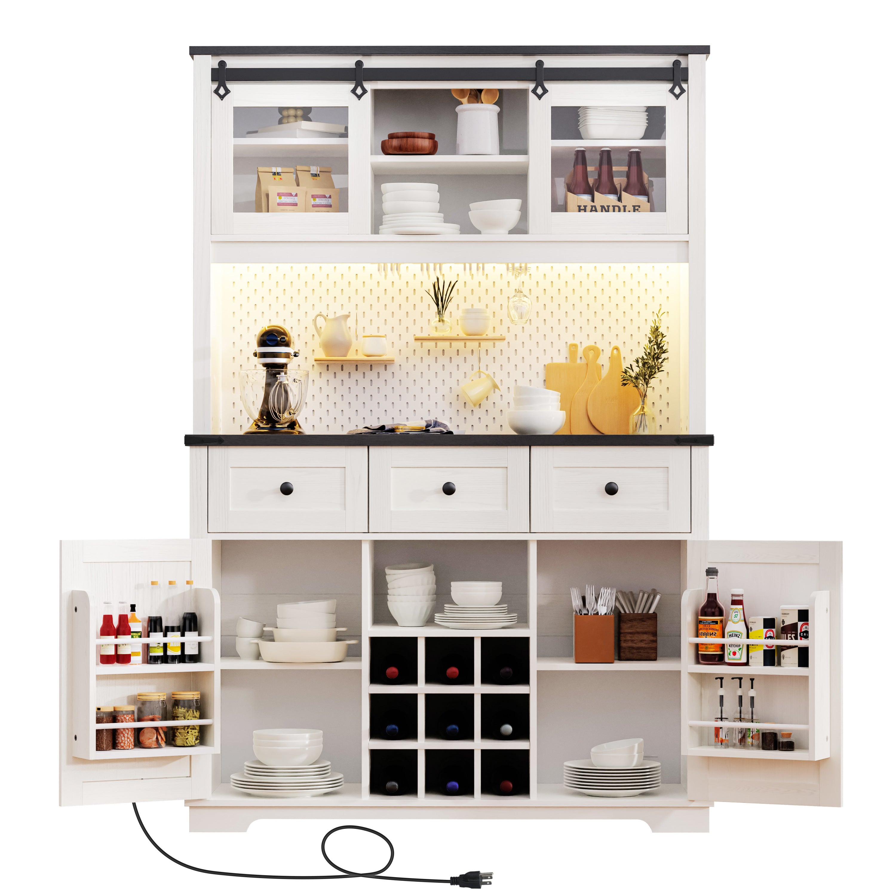 K&K 71" Kitchen Island with Hutch, Sliding Door, Pegboard, Wine & Glasses Rack, Rustic Coffee Bar Storage Cabinet, White