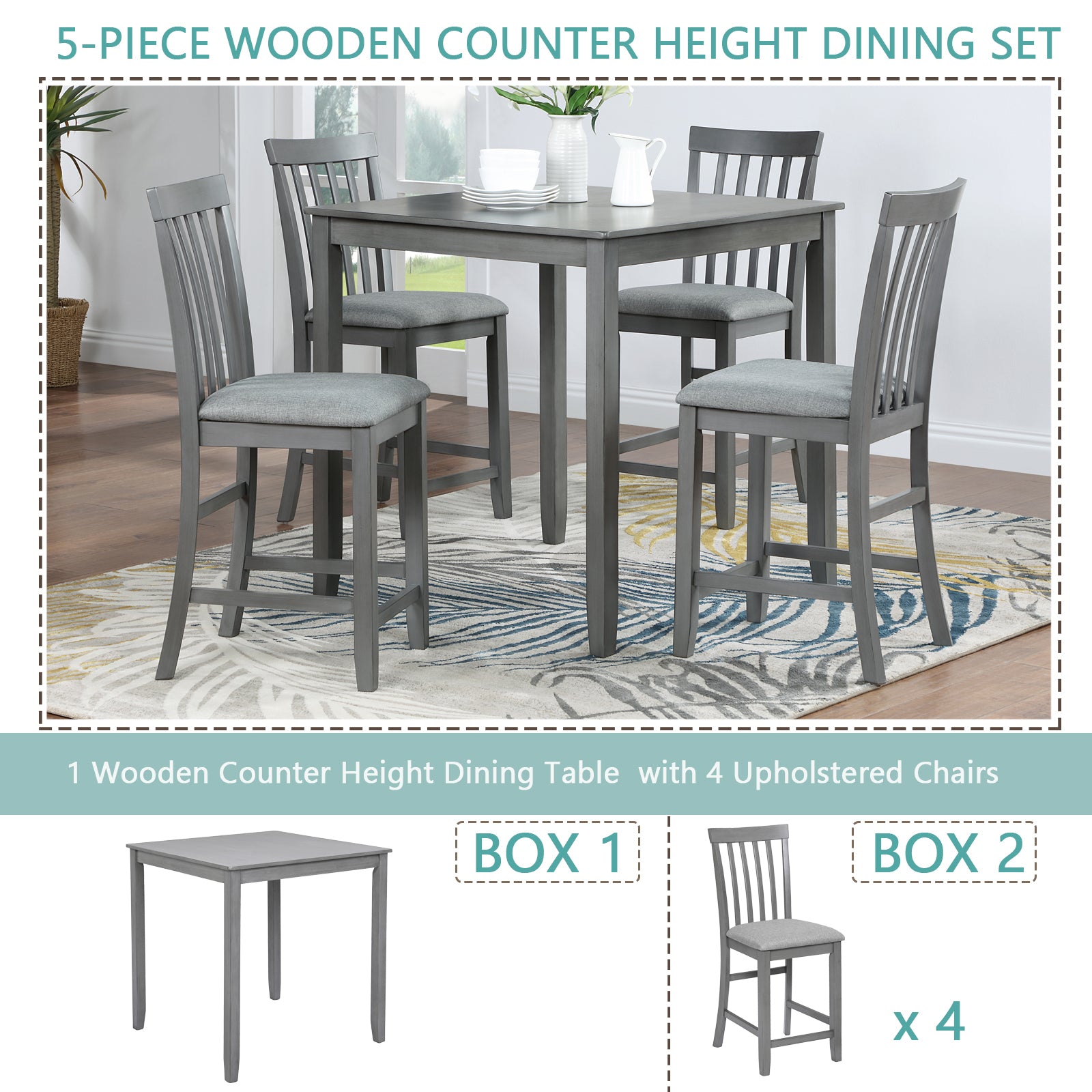 5 Piece Dining Table Set, Wooden Dining Square Table Set for 4, Counter Height Kitchen Table Set with Square Table and 4 Upholstered Chairs for Small Space, Gray