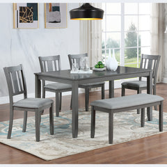 6 Piece Kitchen Dining Set, Rectangular Wooden Dining Table with 4 Upholstered Chairs and a Bench, Dining Table Set for 6 People, Living Room, Home Bar and Kitchen, Gray