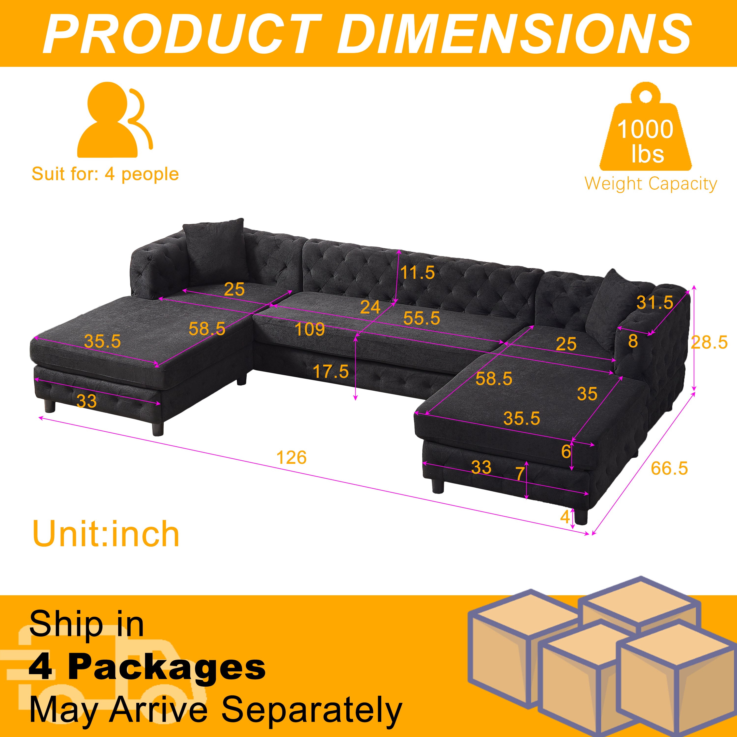 126-inch Modern Style Chenille Three Piece Sofa, Pull Point Design U-shaped Sofa two Chaise Longue Seats, two Pillows and Plastic Feet, Suitable for Living room, Bedroom, Lounge and Projection Room